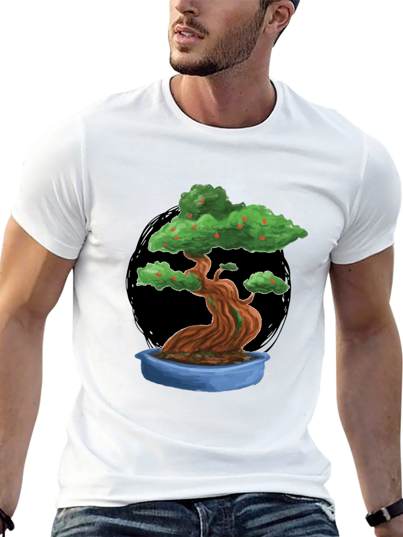 Camiseta Negra con Diseño de Bonsái Frutal