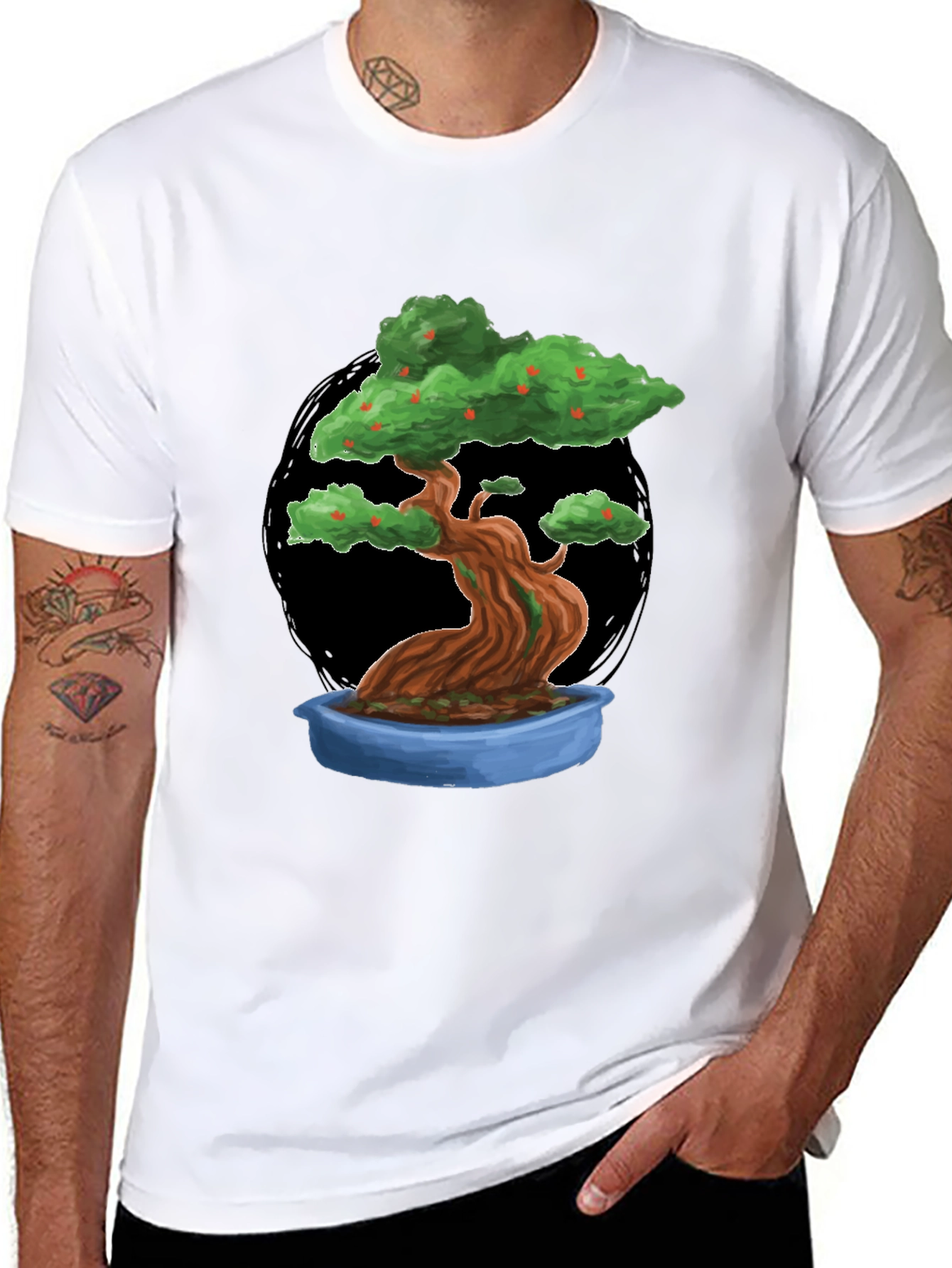 Camiseta Negra con Diseño de Bonsái Frutal