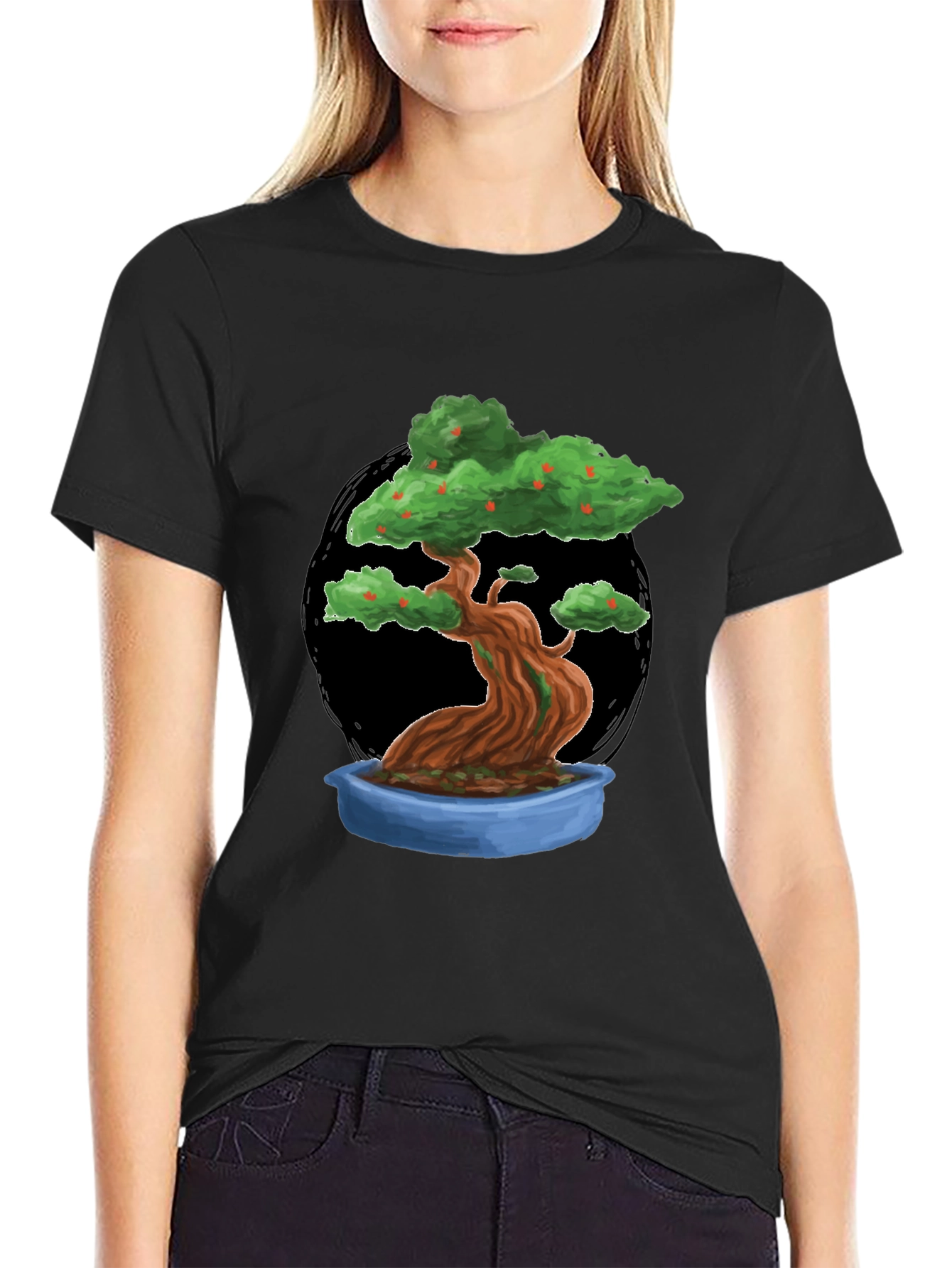 Camiseta Negra con Diseño de Bonsái Frutal