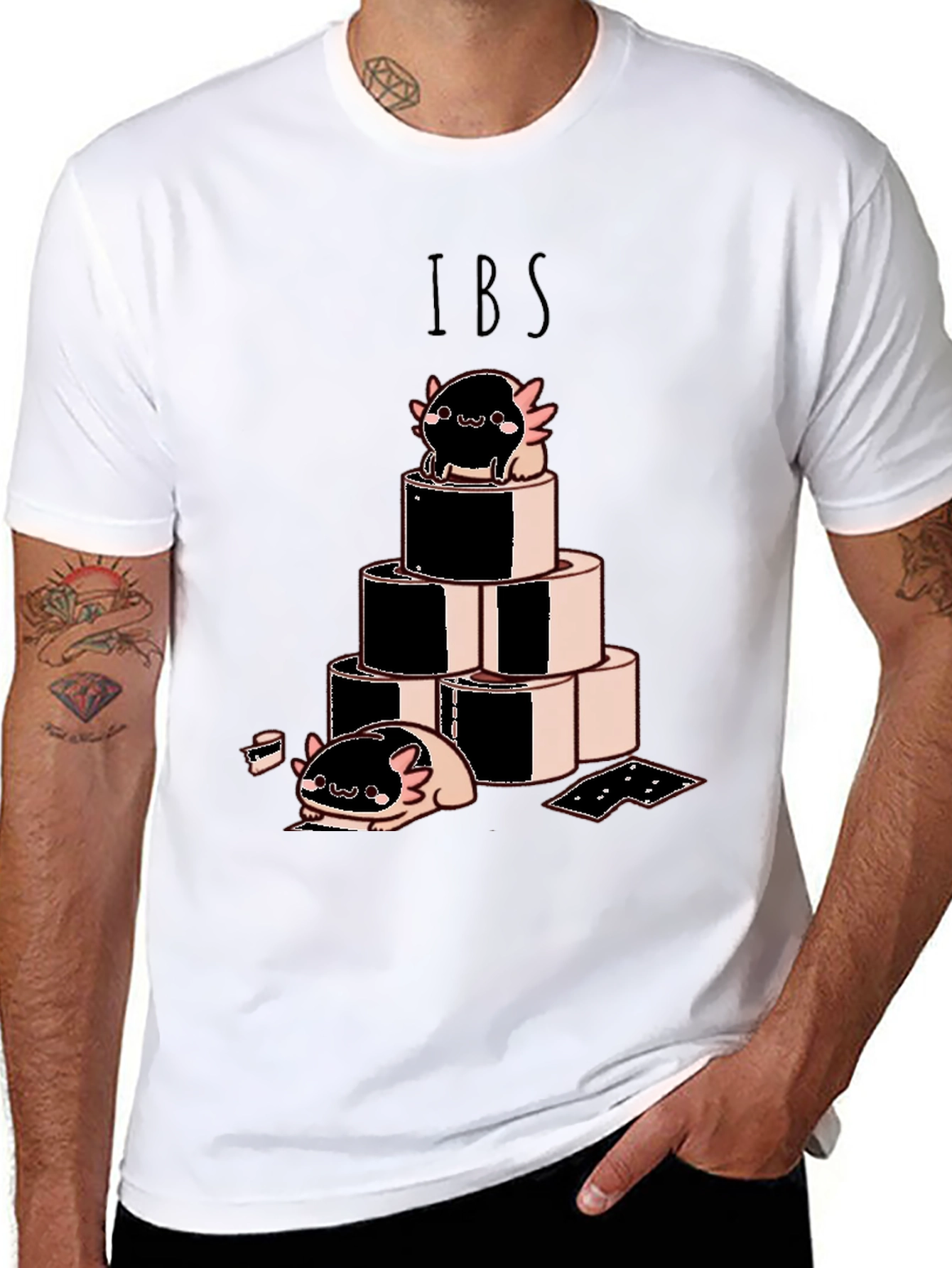 Camiseta Negra IBS con Dibujo Axolotl y Rollos