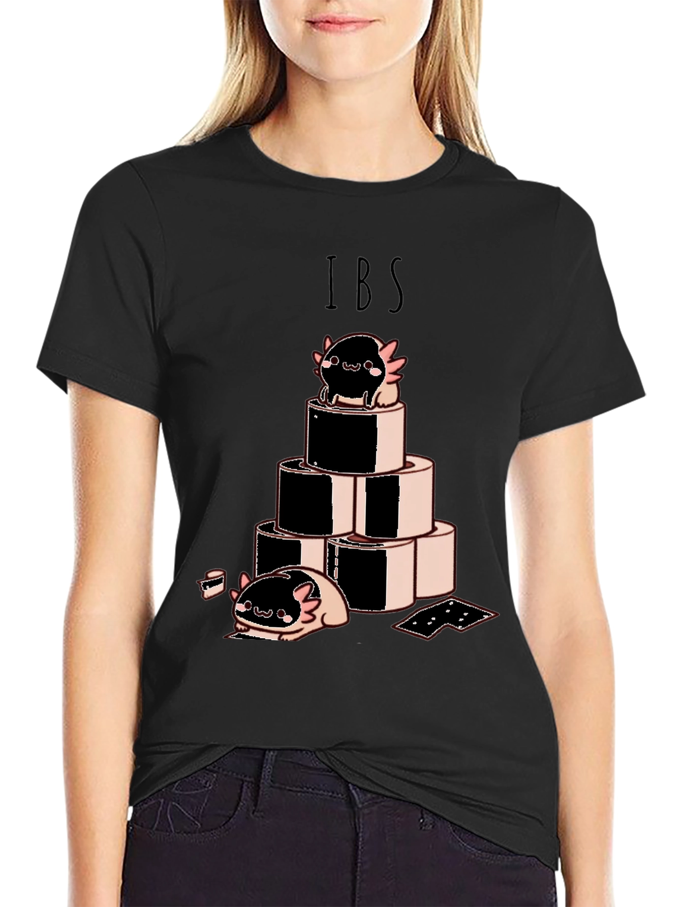 Camiseta Negra IBS con Dibujo Axolotl y Rollos