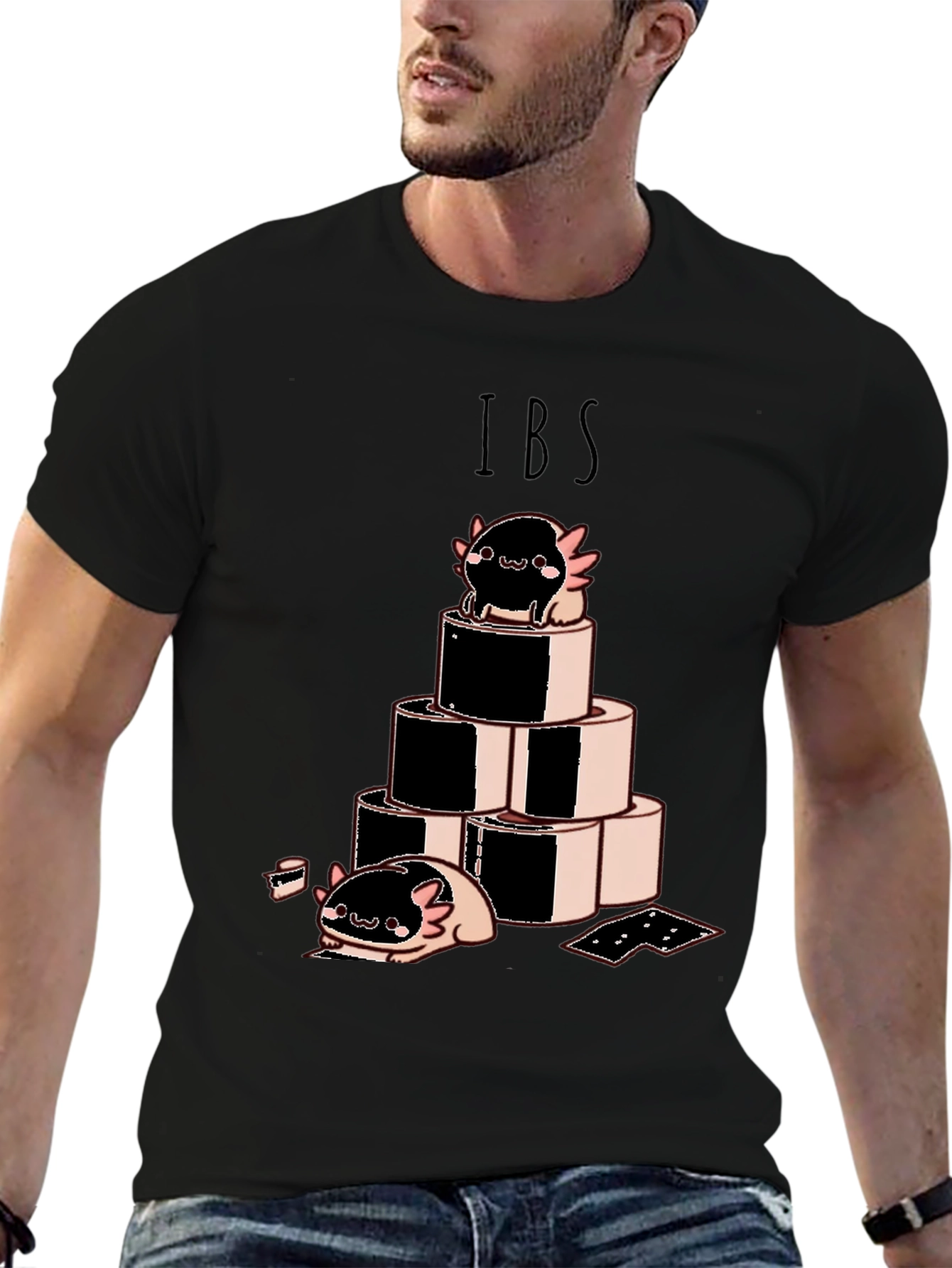 Camiseta Negra IBS con Dibujo Axolotl y Rollos