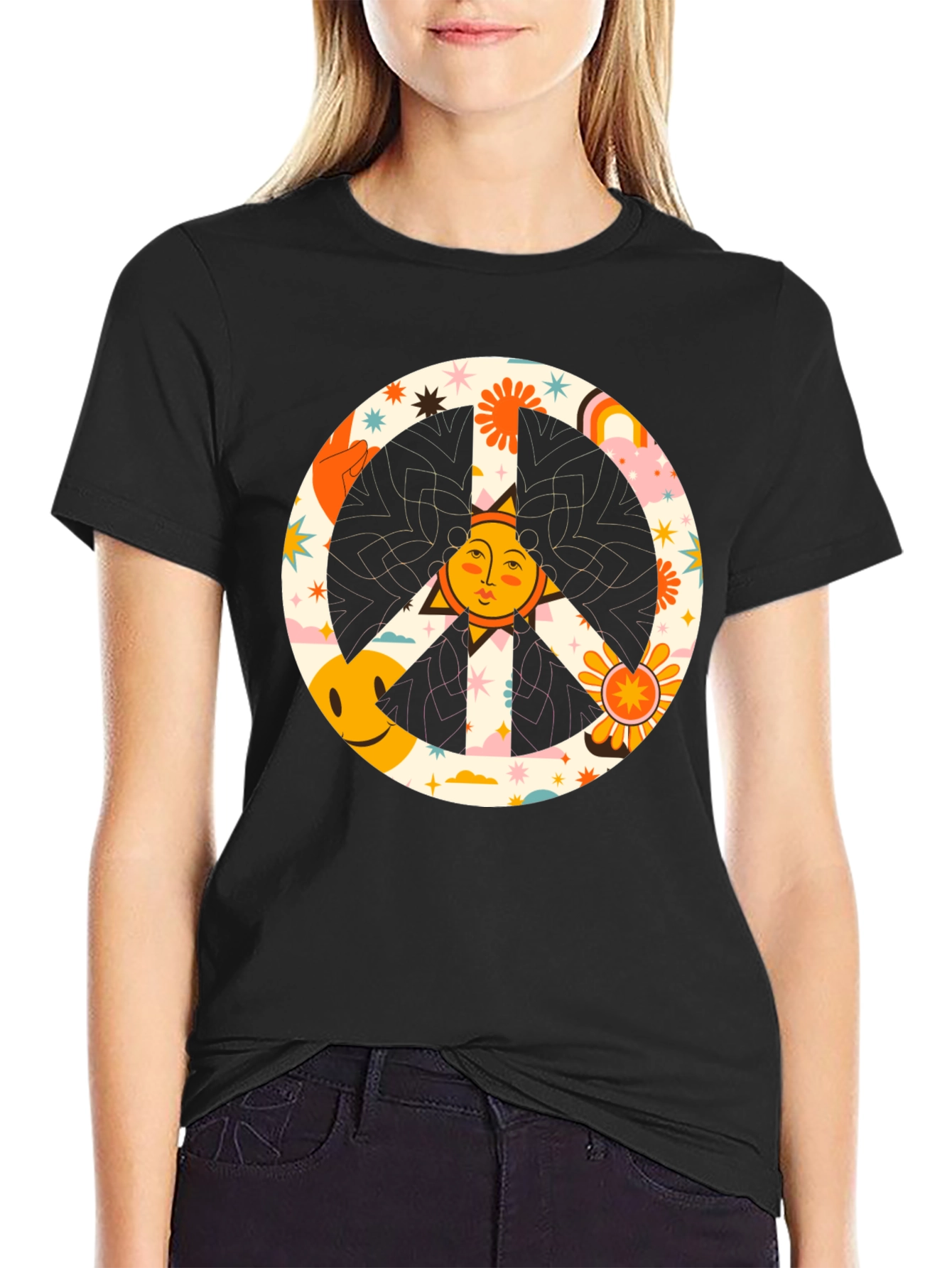 Camiseta Negra Hippie con Símbolo de la Paz