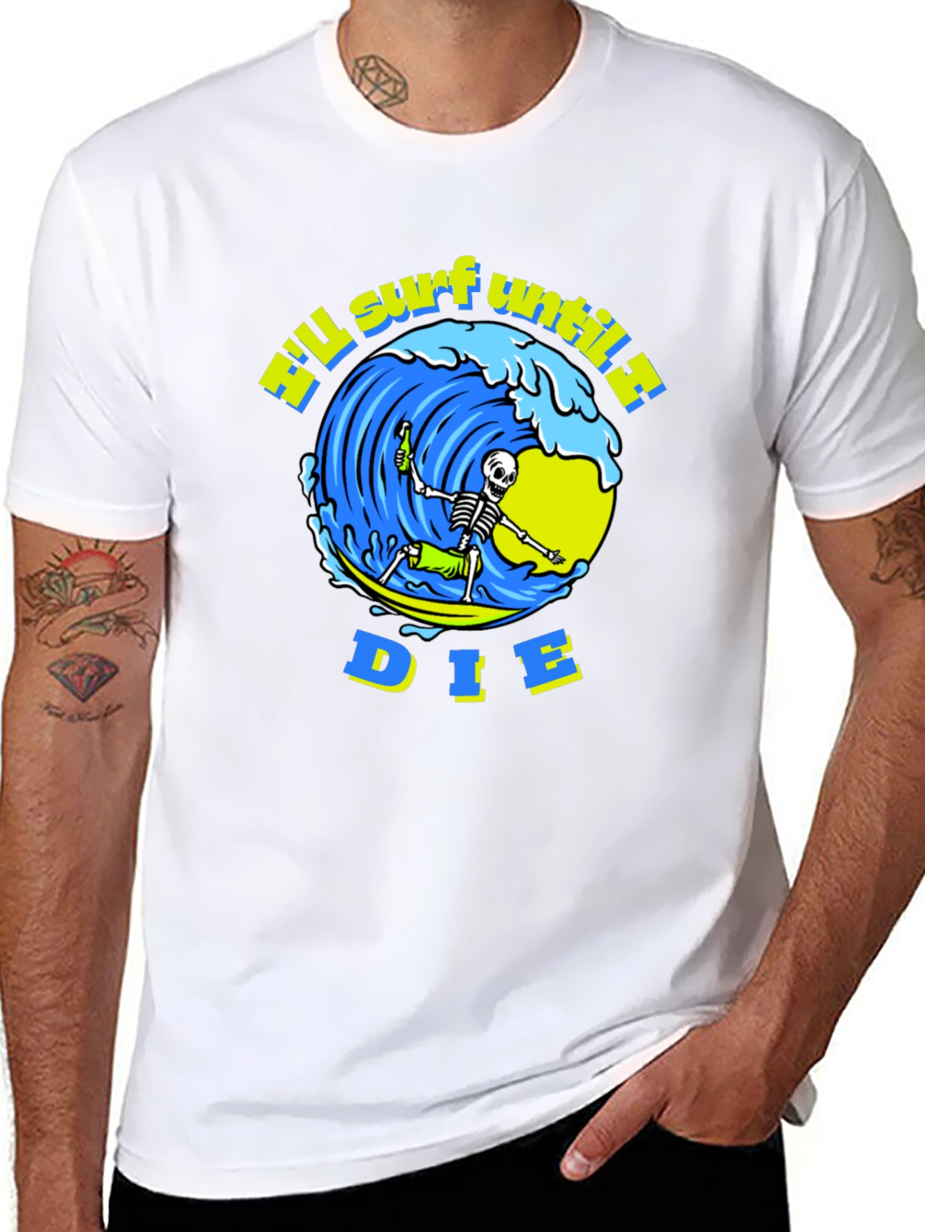 Camiseta Negra Calavera Surfista - ¡Surfearé Hasta Morir!