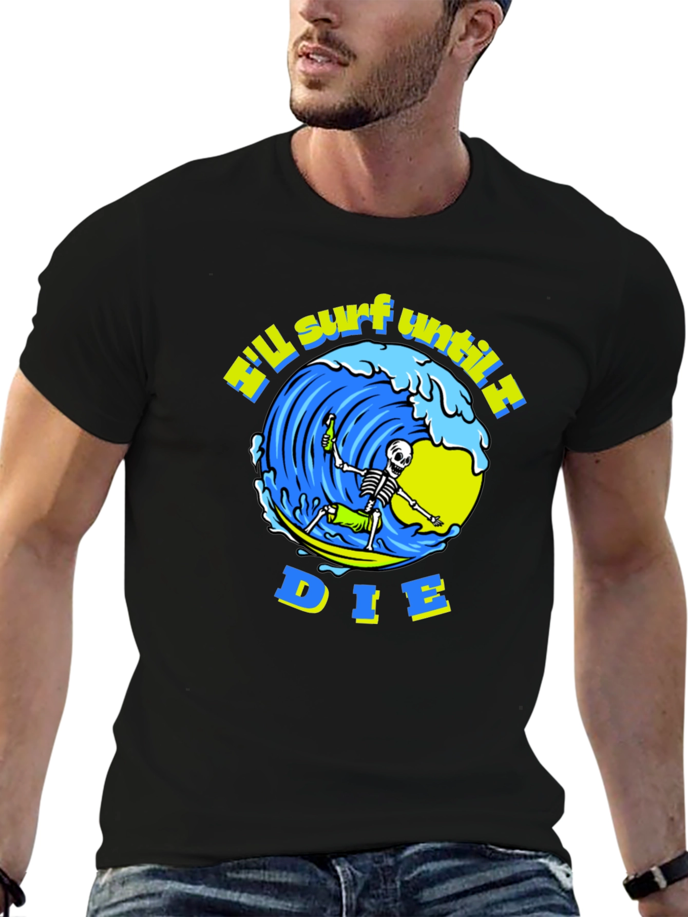Camiseta Negra Calavera Surfista - ¡Surfearé Hasta Morir!