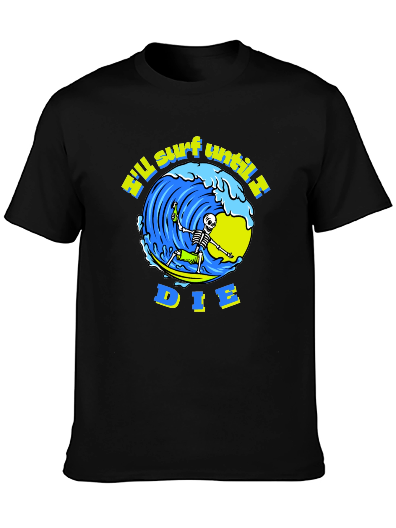Camiseta Negra Calavera Surfista - ¡Surfearé Hasta Morir!