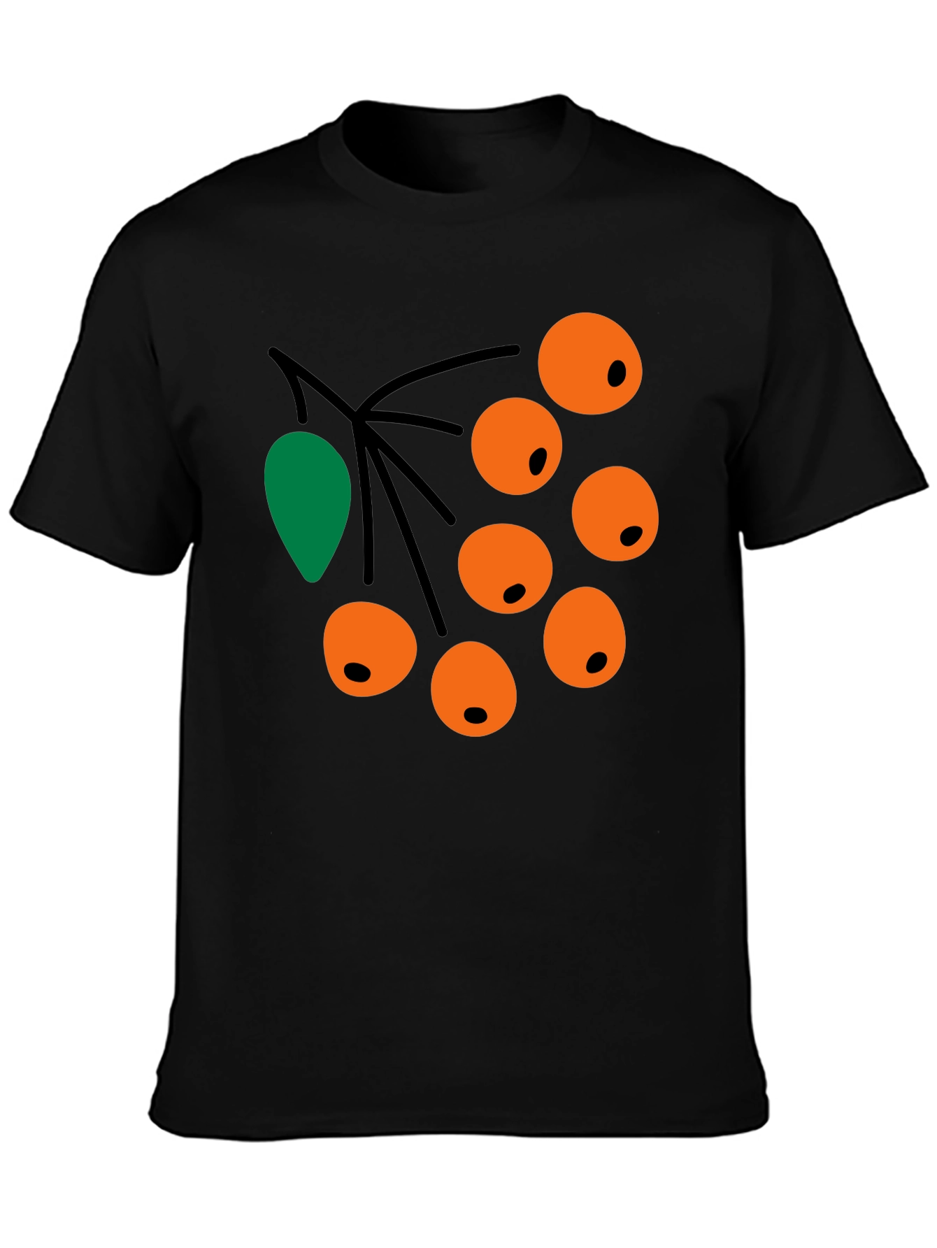 Camiseta Negra con Diseño de Bayas Naranja