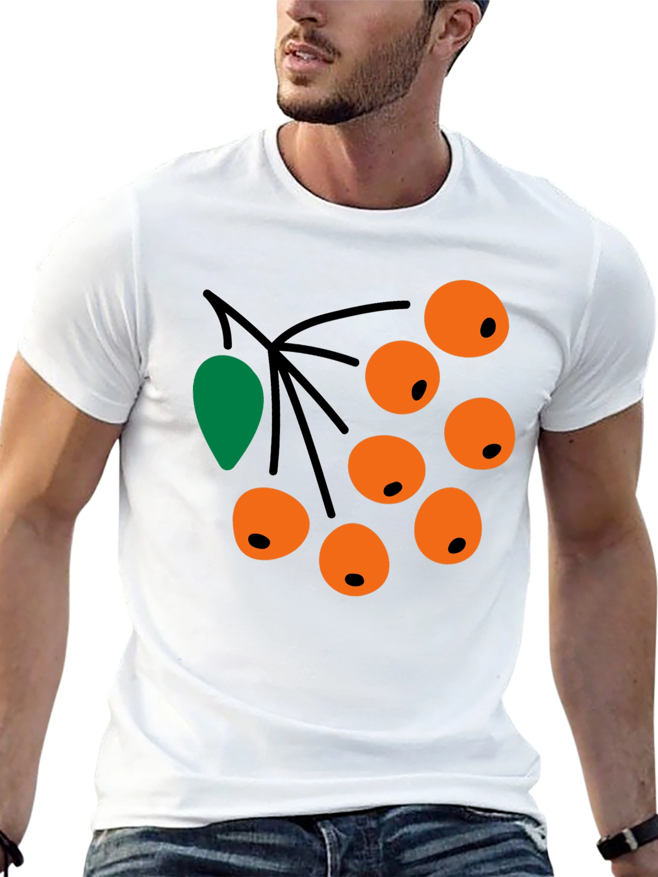 Camiseta Negra con Diseño de Bayas Naranja