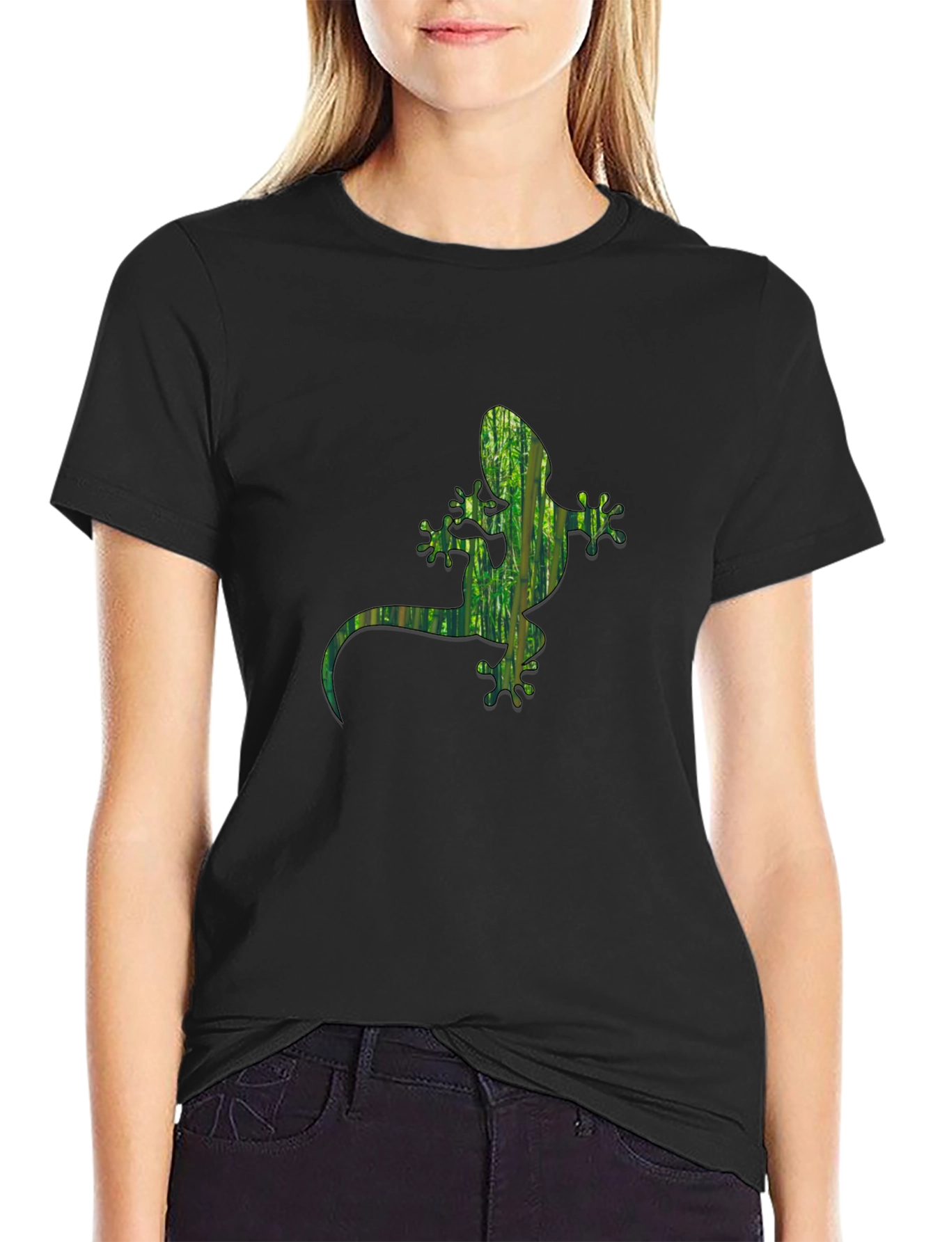 Camiseta Negra con Diseño de Gecko Verde