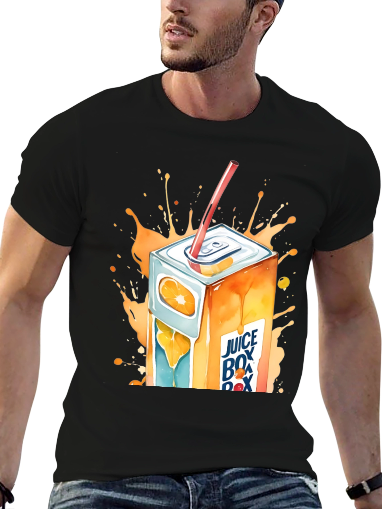 Camiseta Negra con Diseño de Caja de Jugo