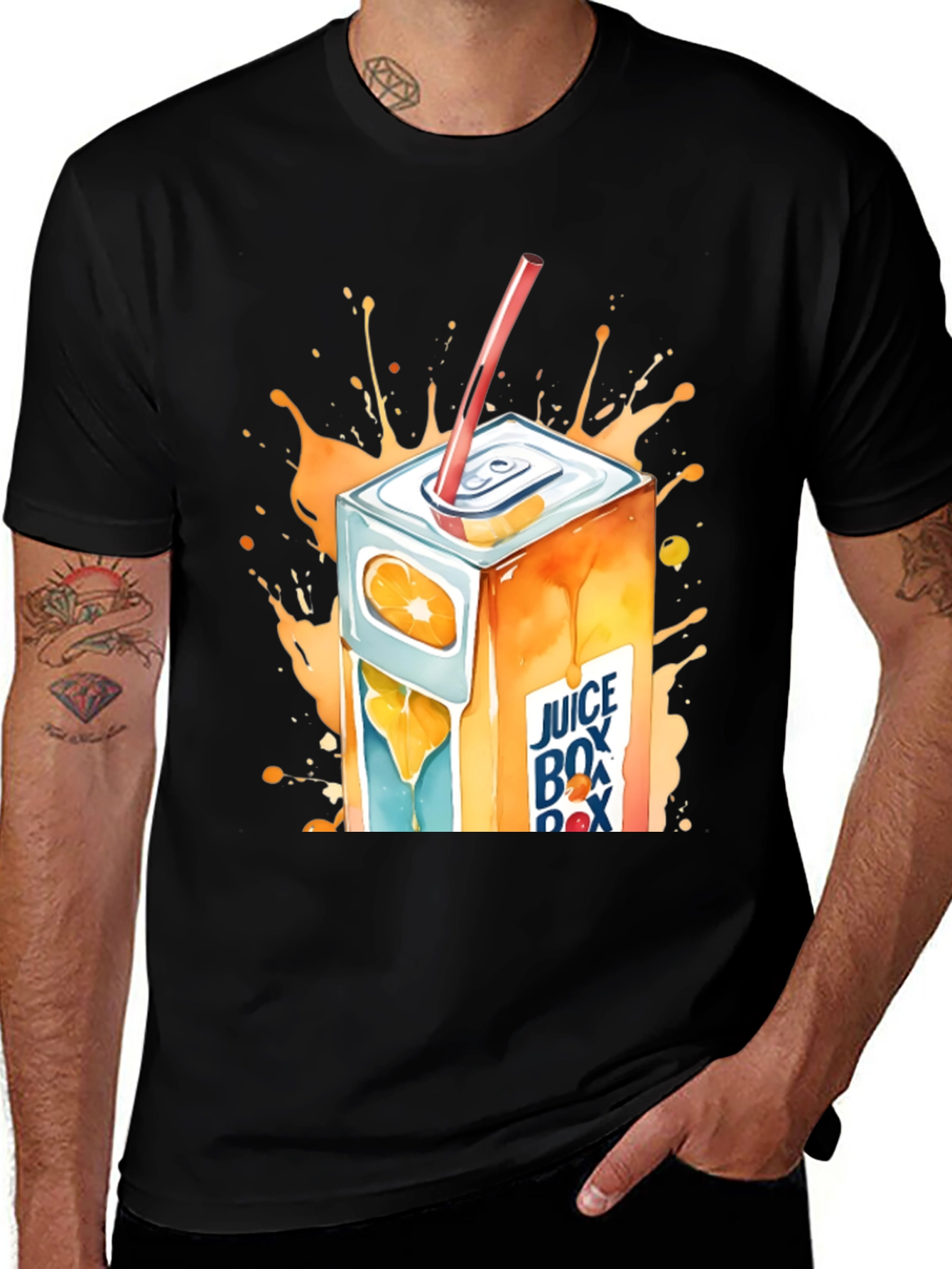 Camiseta Negra con Diseño de Caja de Jugo