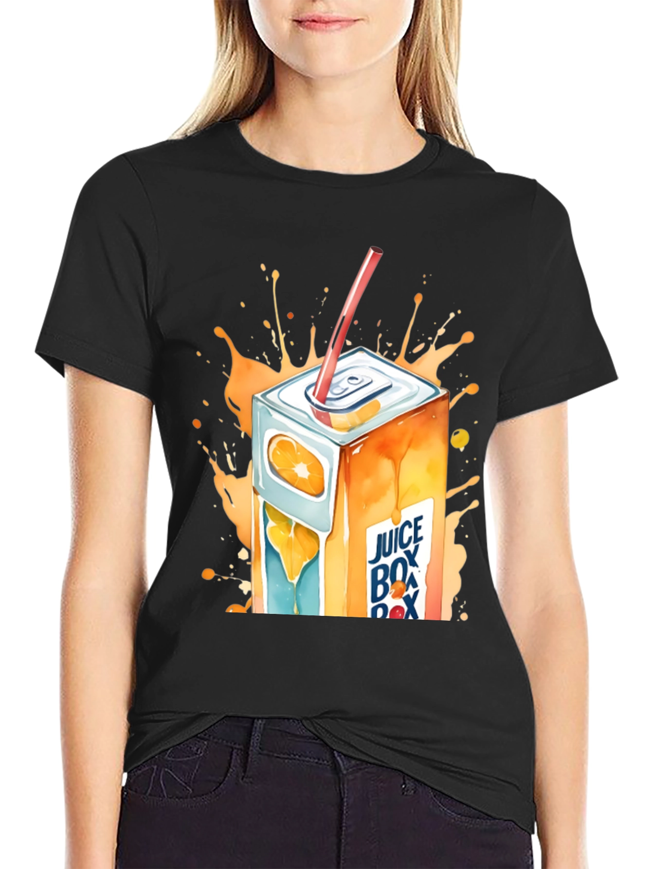 Camiseta Negra con Diseño de Caja de Jugo