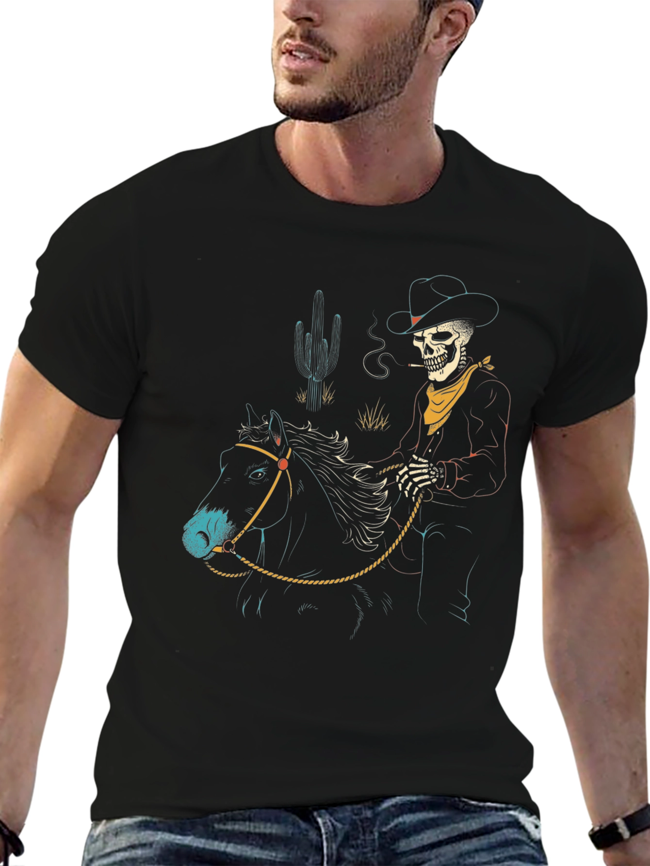 Camiseta Negra Vaquero Esqueleto a Caballo