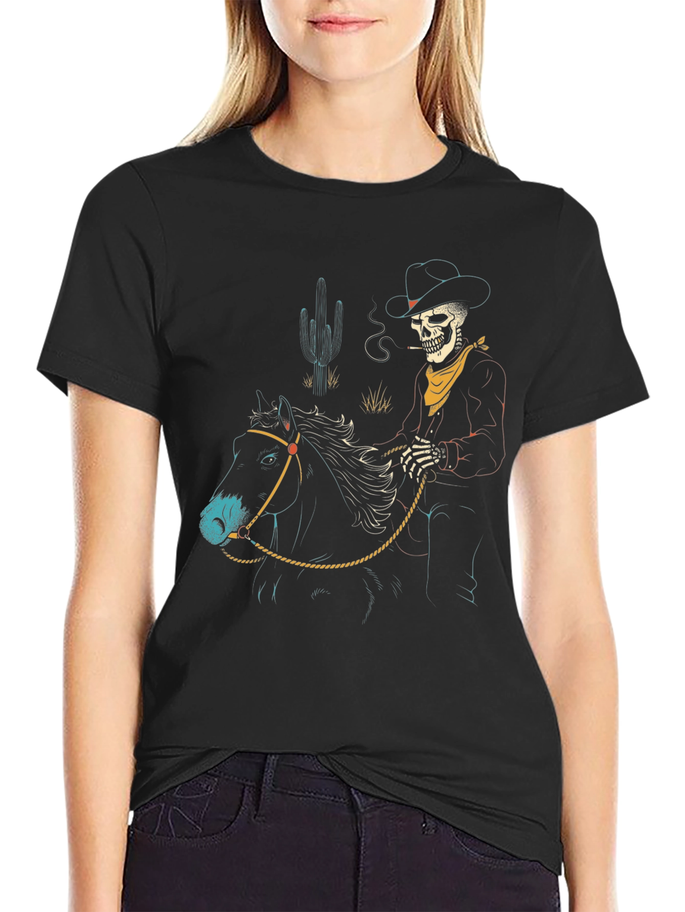 Camiseta Negra Vaquero Esqueleto a Caballo