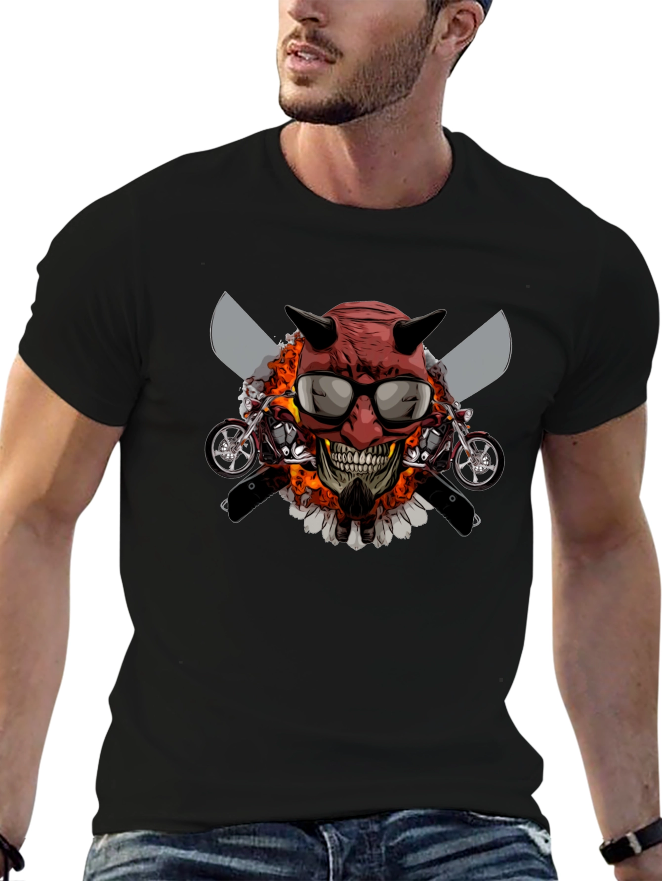 Camiseta Negra con Diseño de Calavera Motera