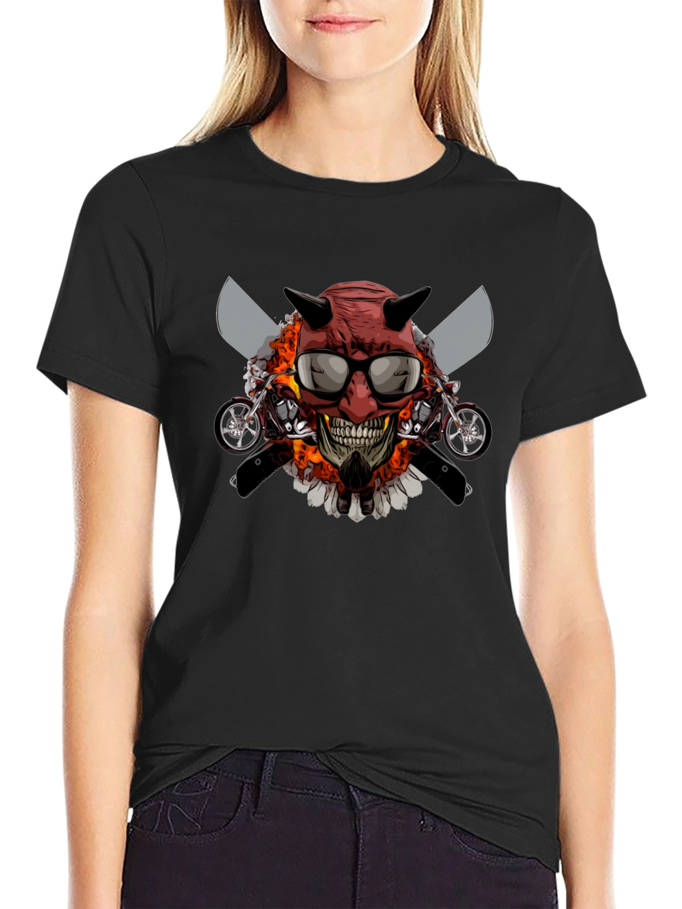 Camiseta Negra con Diseño de Calavera Motera