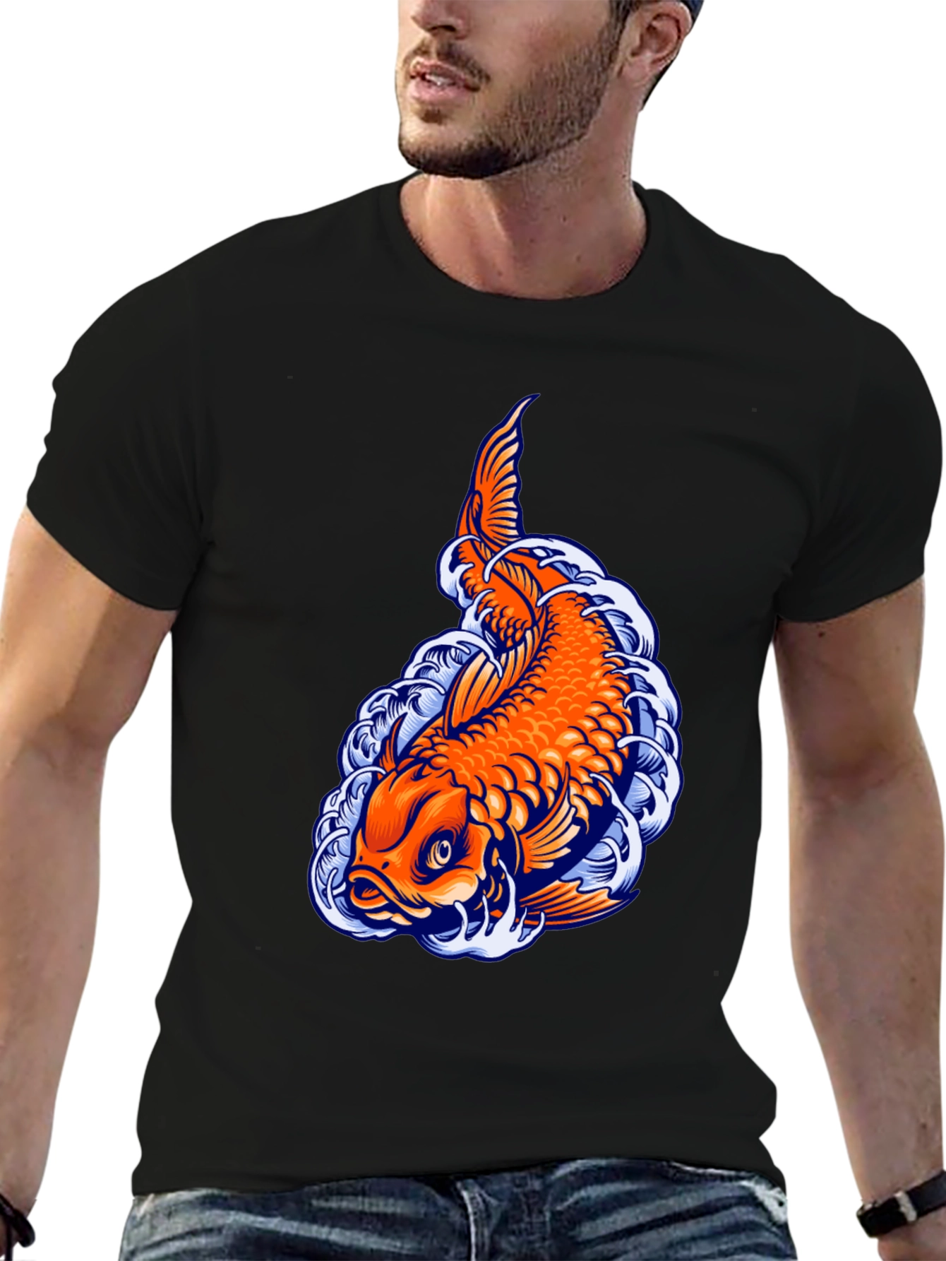 Camiseta Negra con Diseño de Carpa Koi