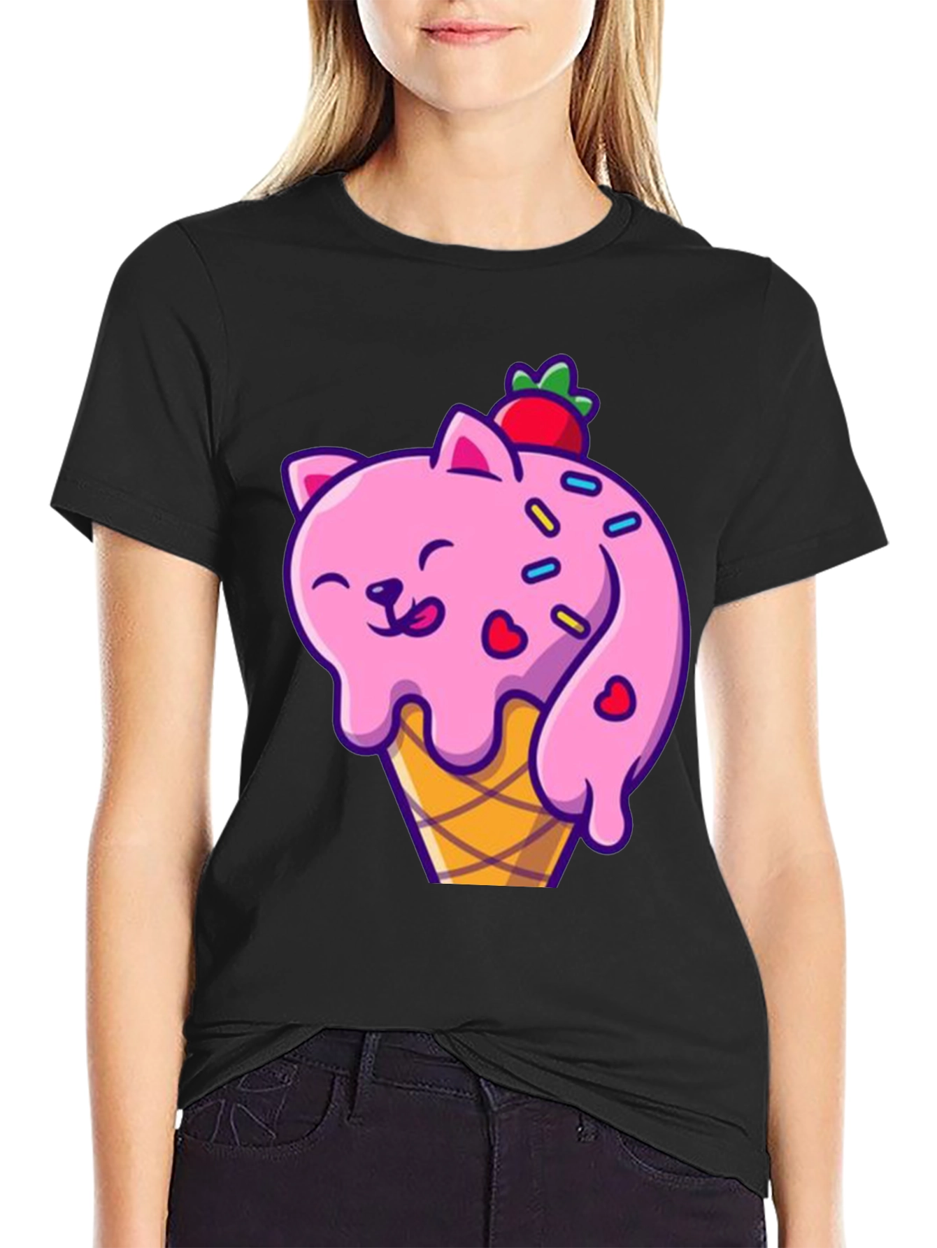 Camiseta Negra con Diseño de Gato Helado