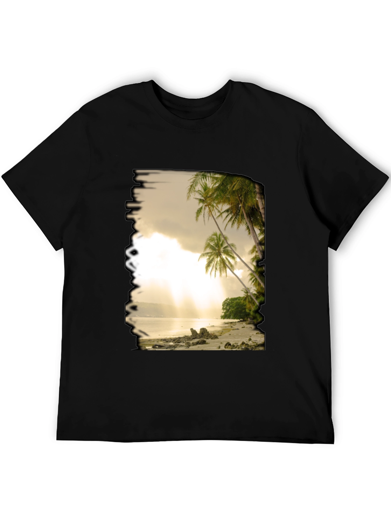 Camiseta Negra con Diseño de Playa Tropical