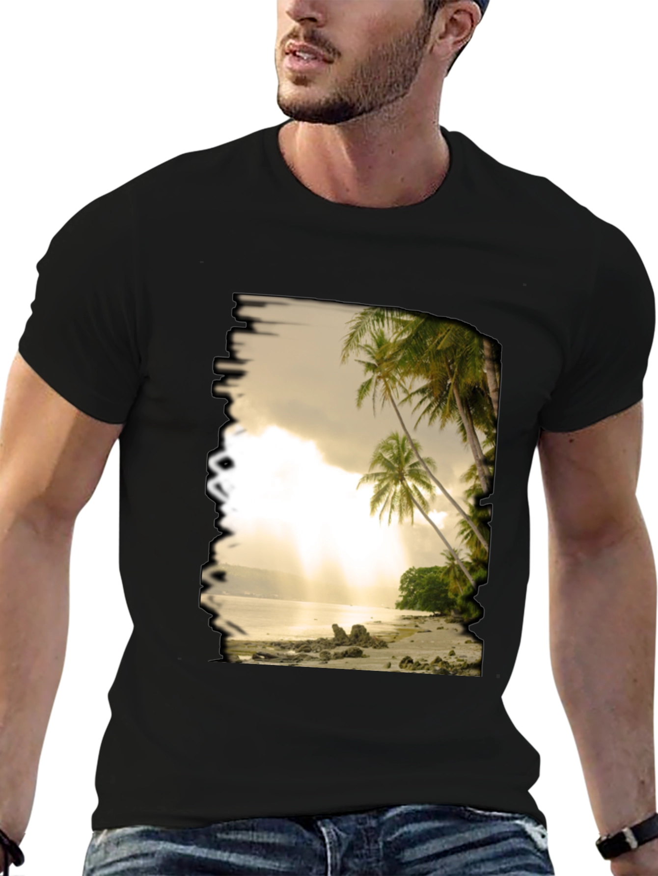 Camiseta Negra con Diseño de Playa Tropical