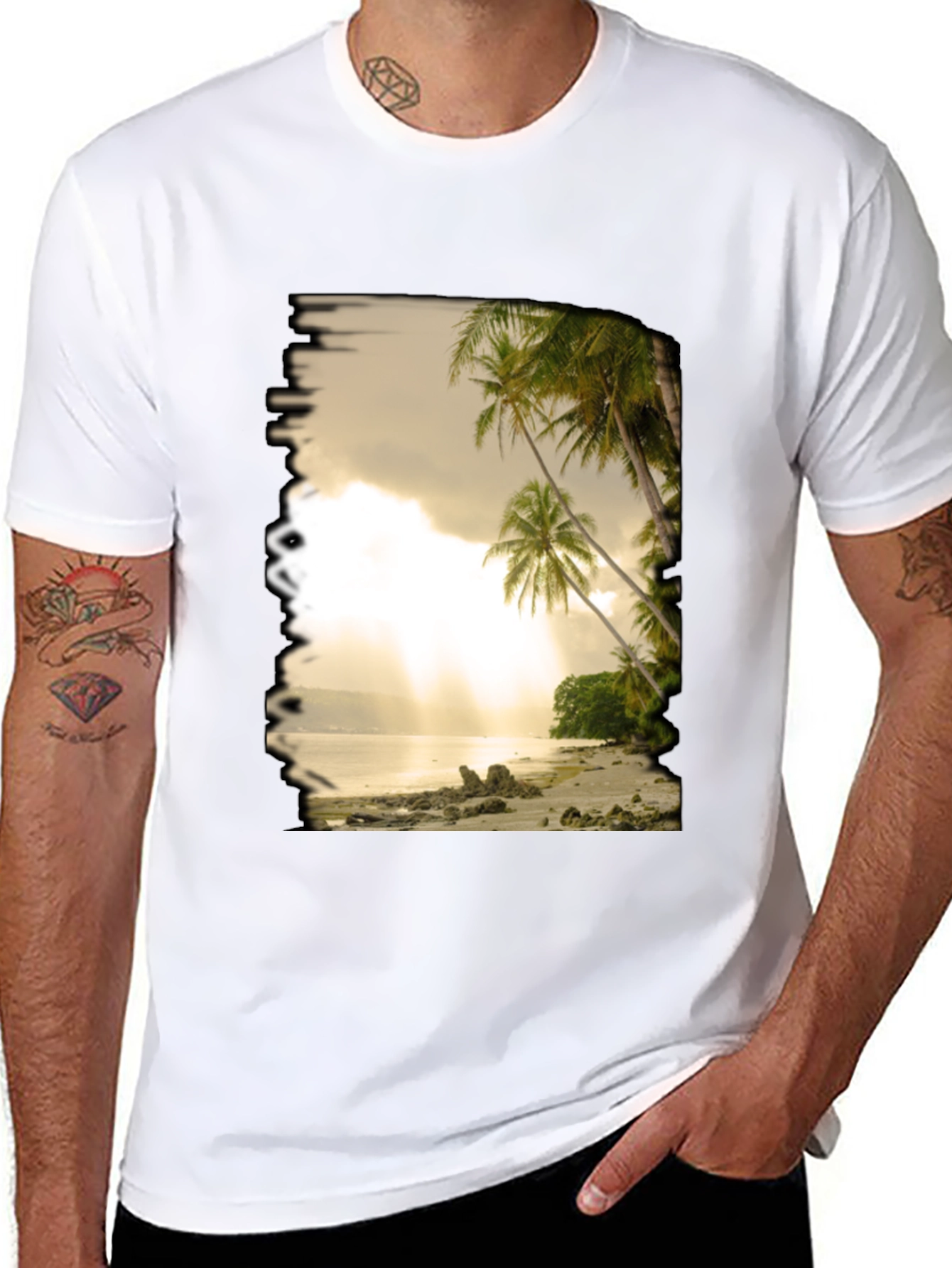 Camiseta Negra con Diseño de Playa Tropical