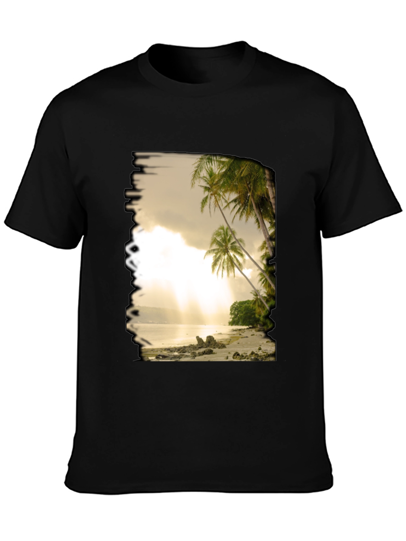 Camiseta Negra con Diseño de Playa Tropical