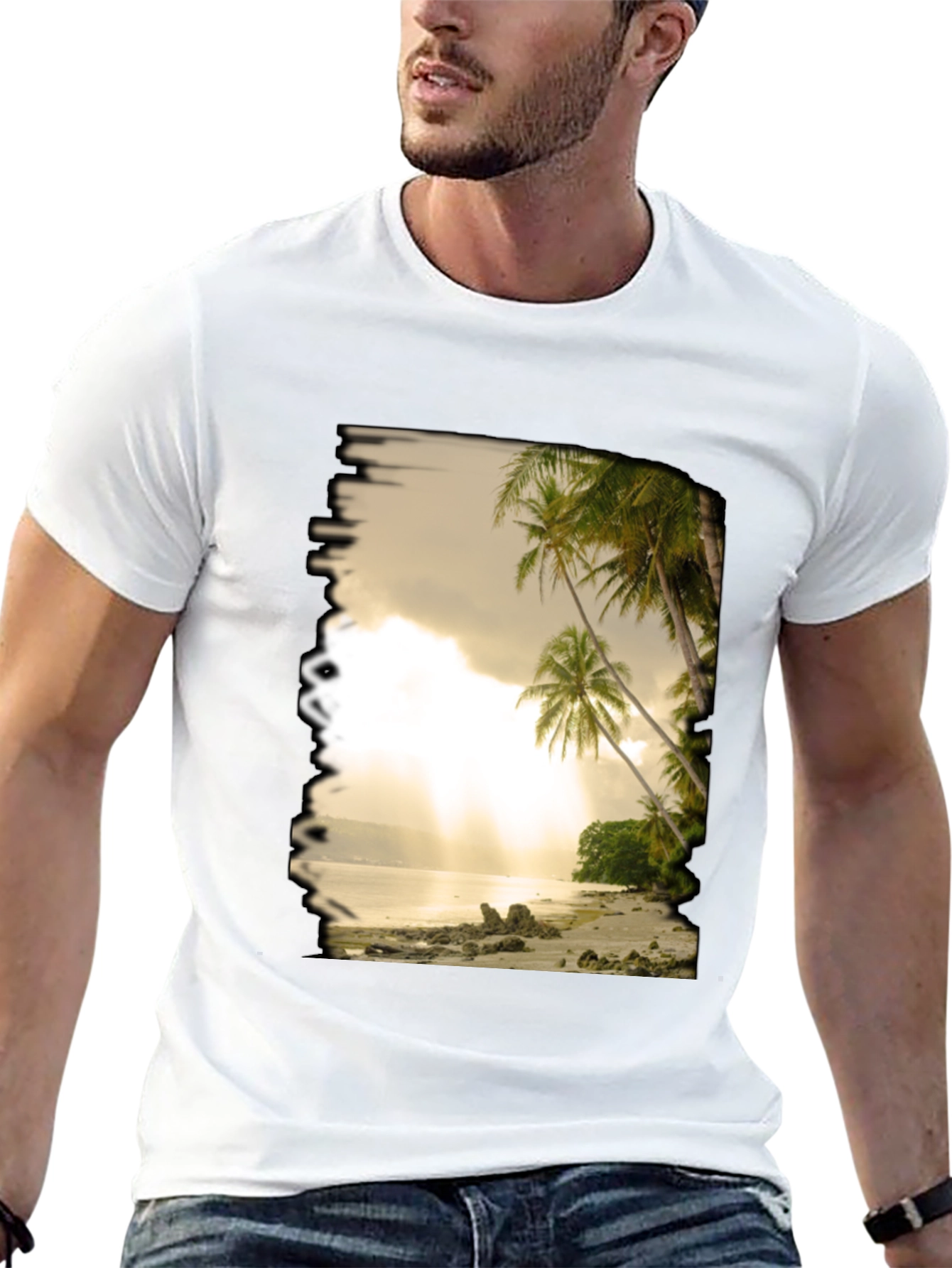 Camiseta Negra con Diseño de Playa Tropical