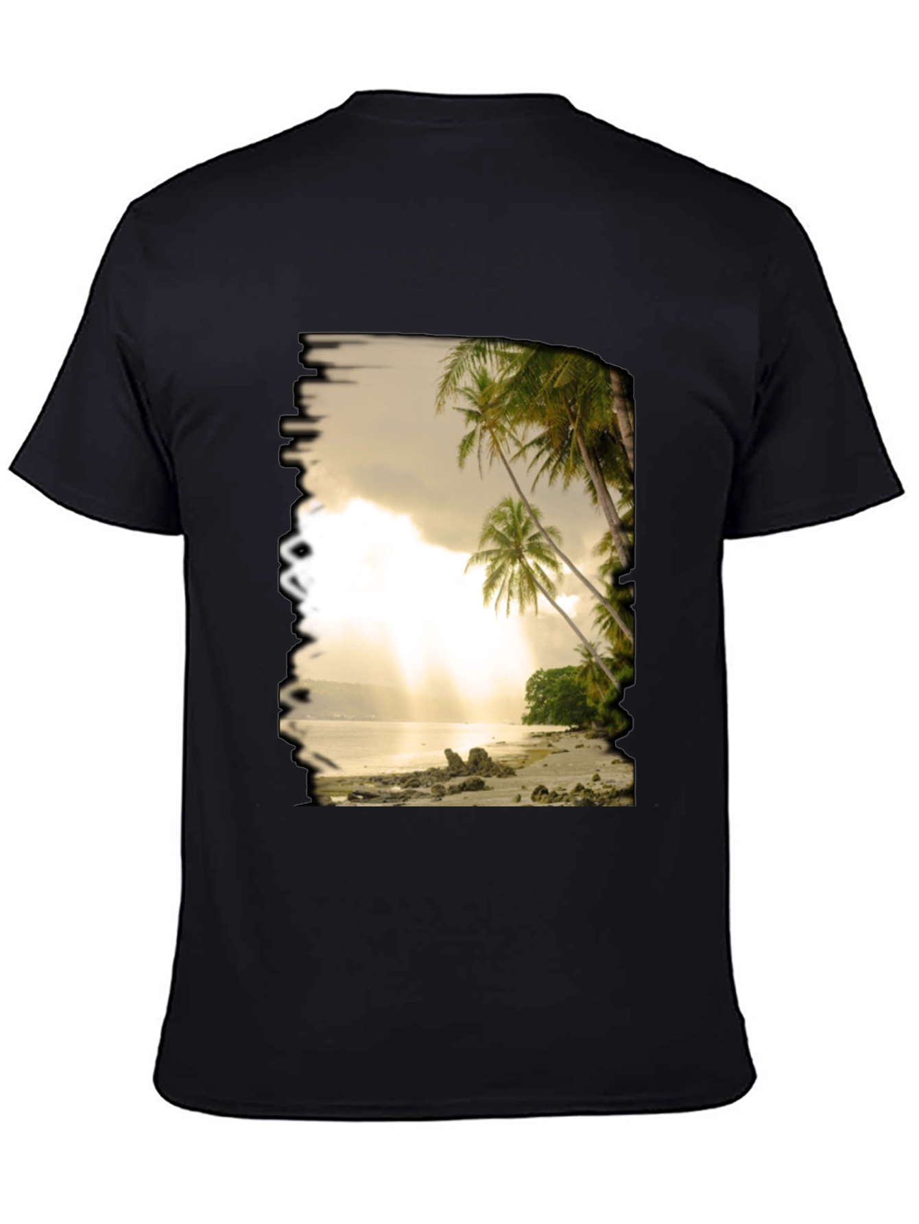 Camiseta Negra con Diseño de Playa Tropical