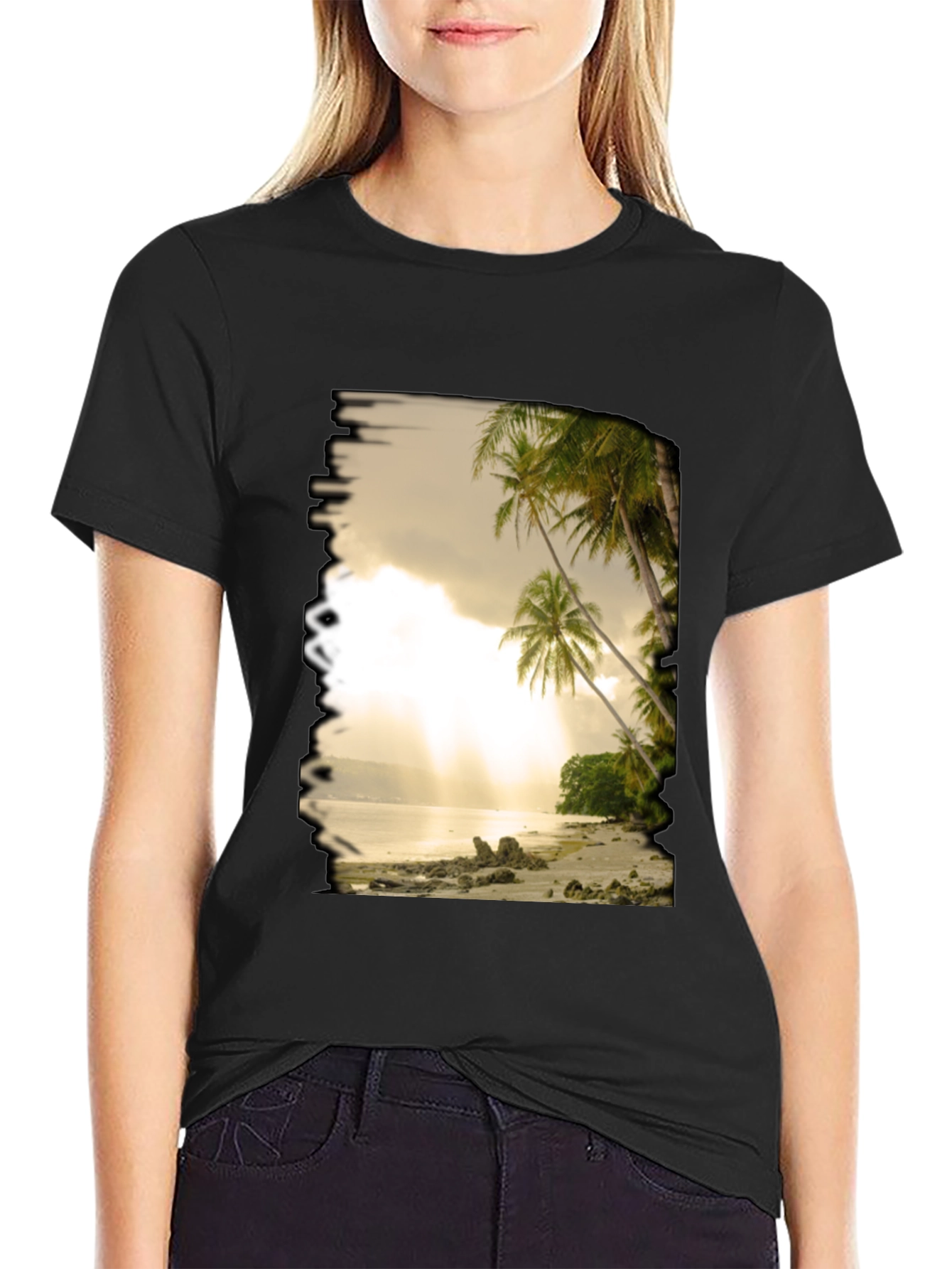 Camiseta Negra con Diseño de Playa Tropical