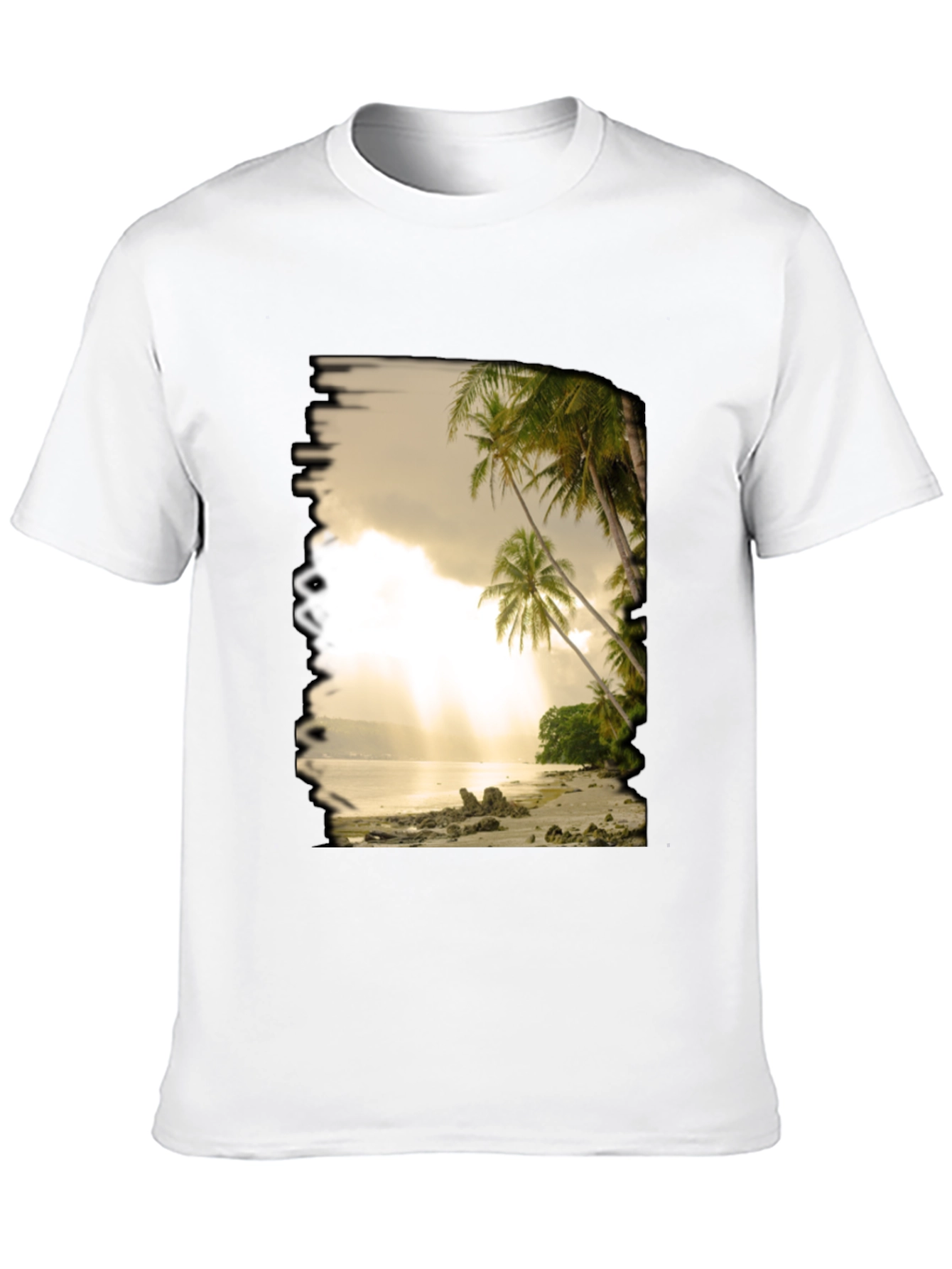 Camiseta Negra con Diseño de Playa Tropical