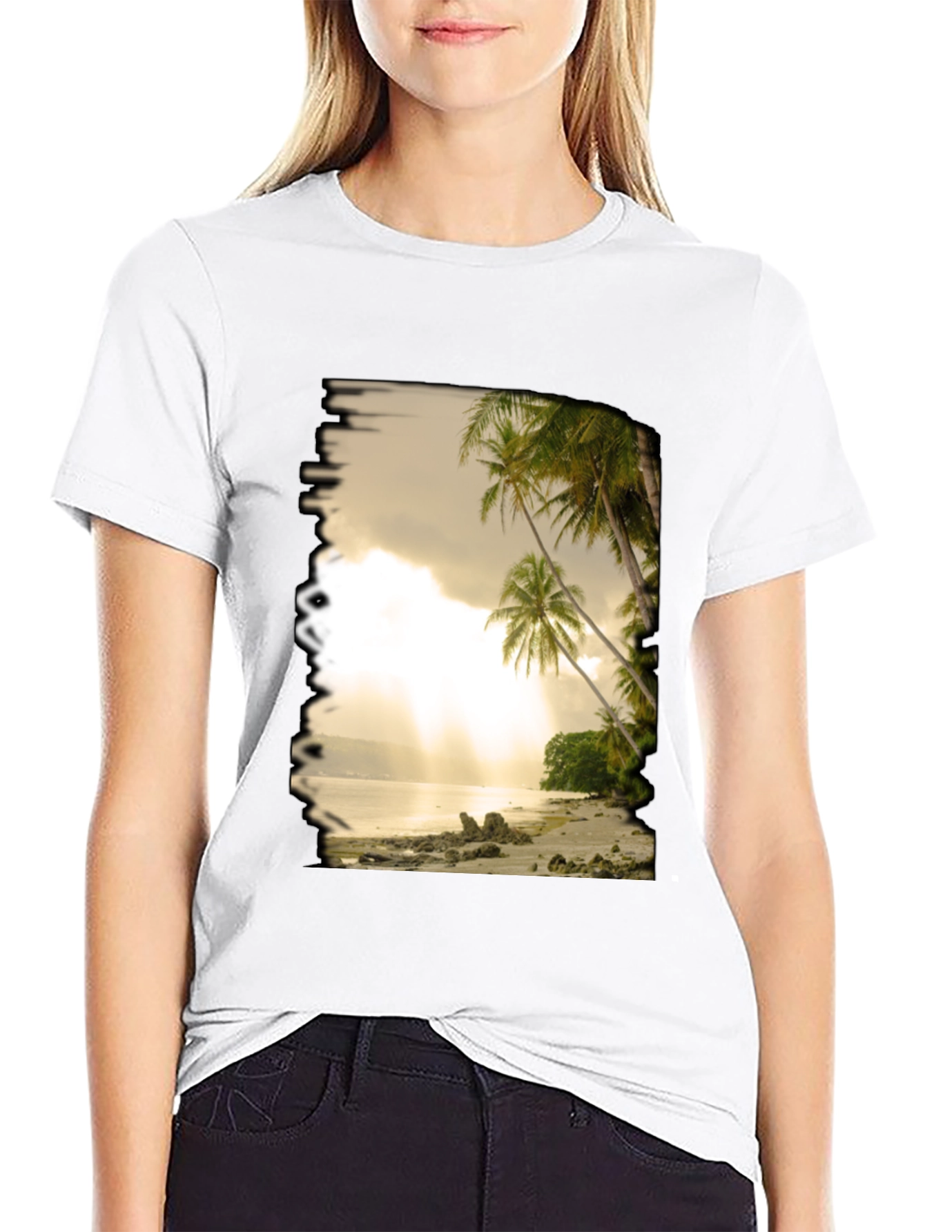 Camiseta Negra con Diseño de Playa Tropical