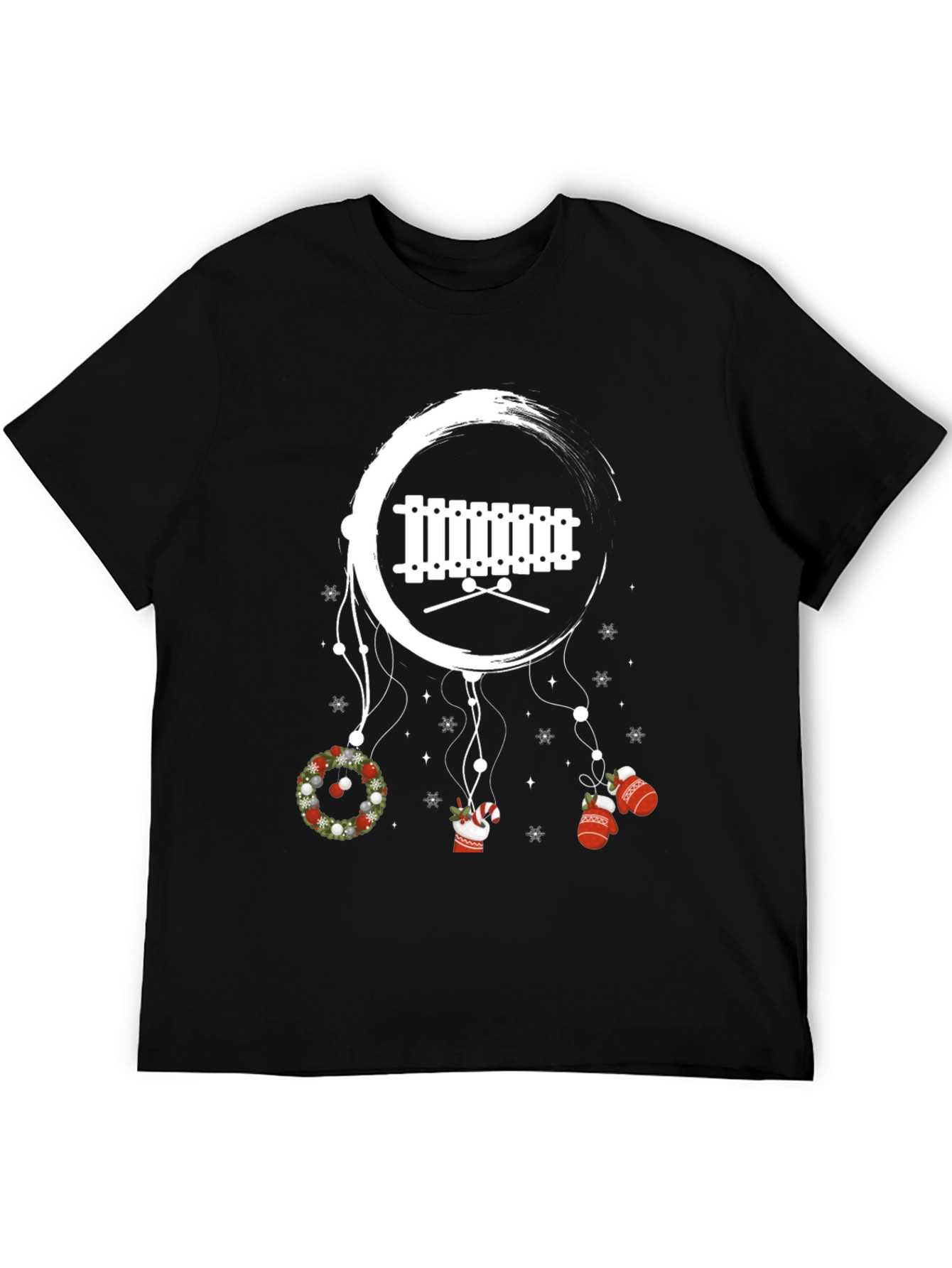 Camiseta Negra Navideña con Xilófono y Adornos Colgantes
