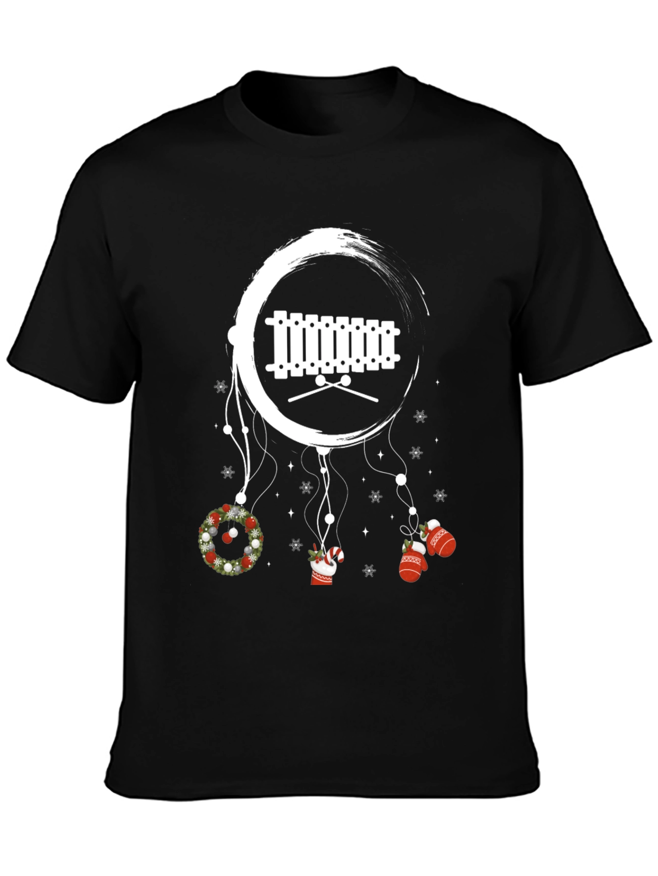 Camiseta Negra Navideña con Xilófono y Adornos Colgantes