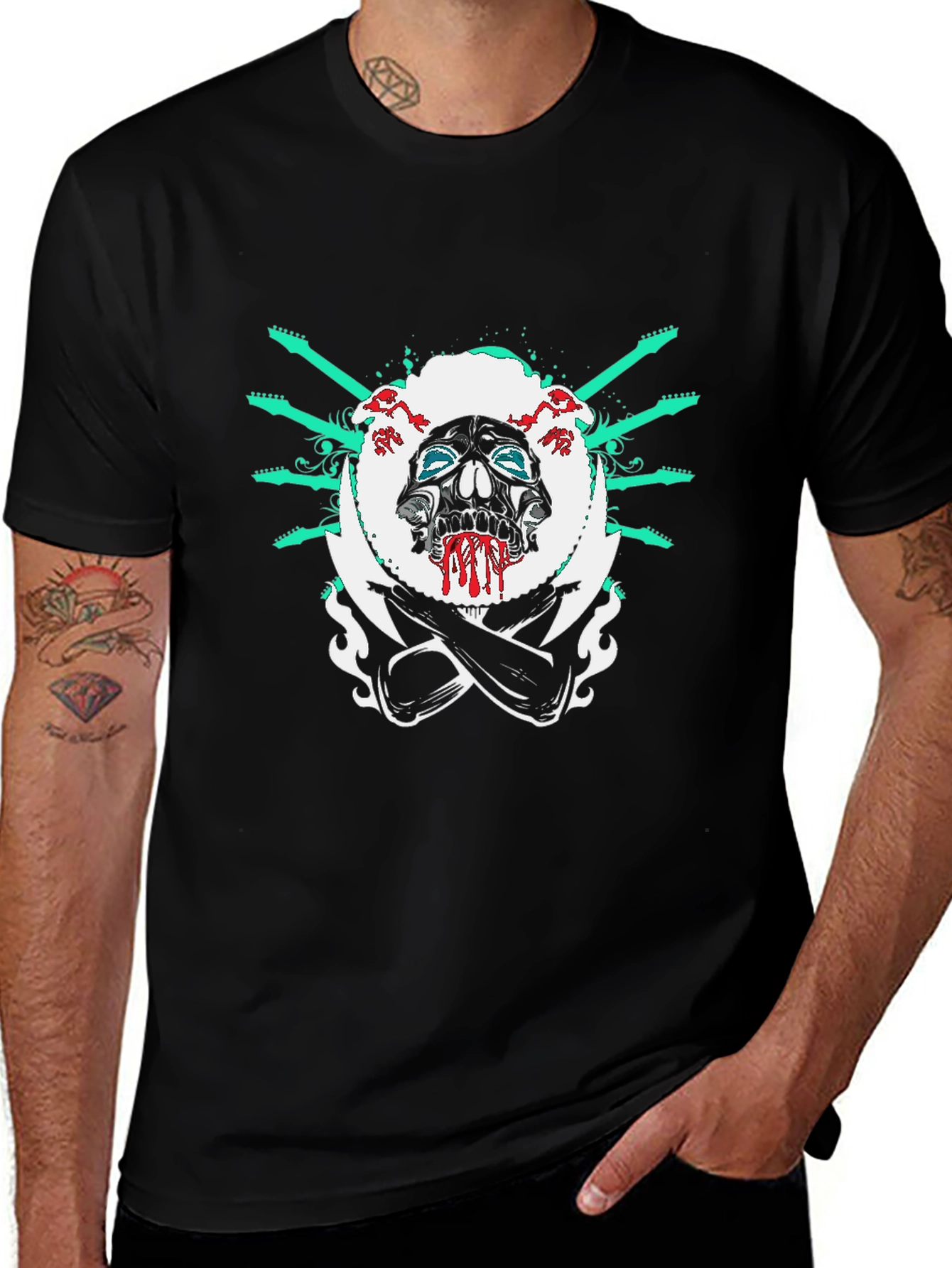 Camiseta Negra con Diseño de Calavera Rockera
