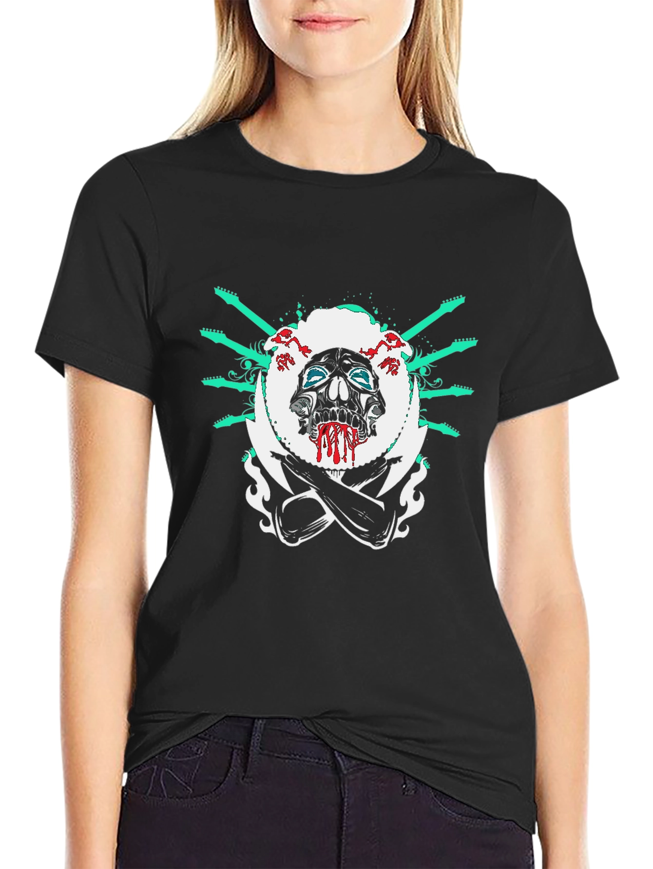 Camiseta Negra con Diseño de Calavera Rockera