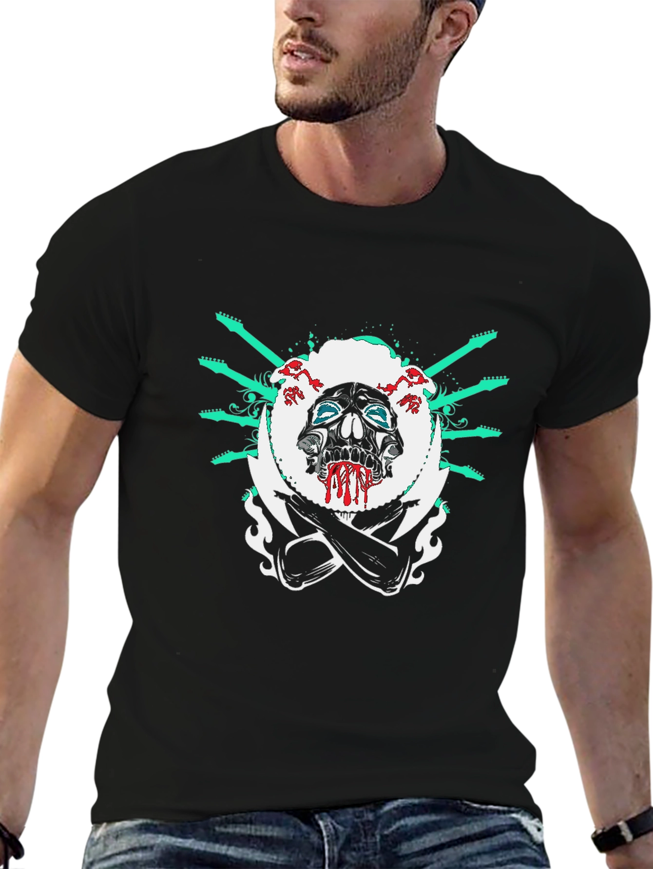 Camiseta Negra con Diseño de Calavera Rockera