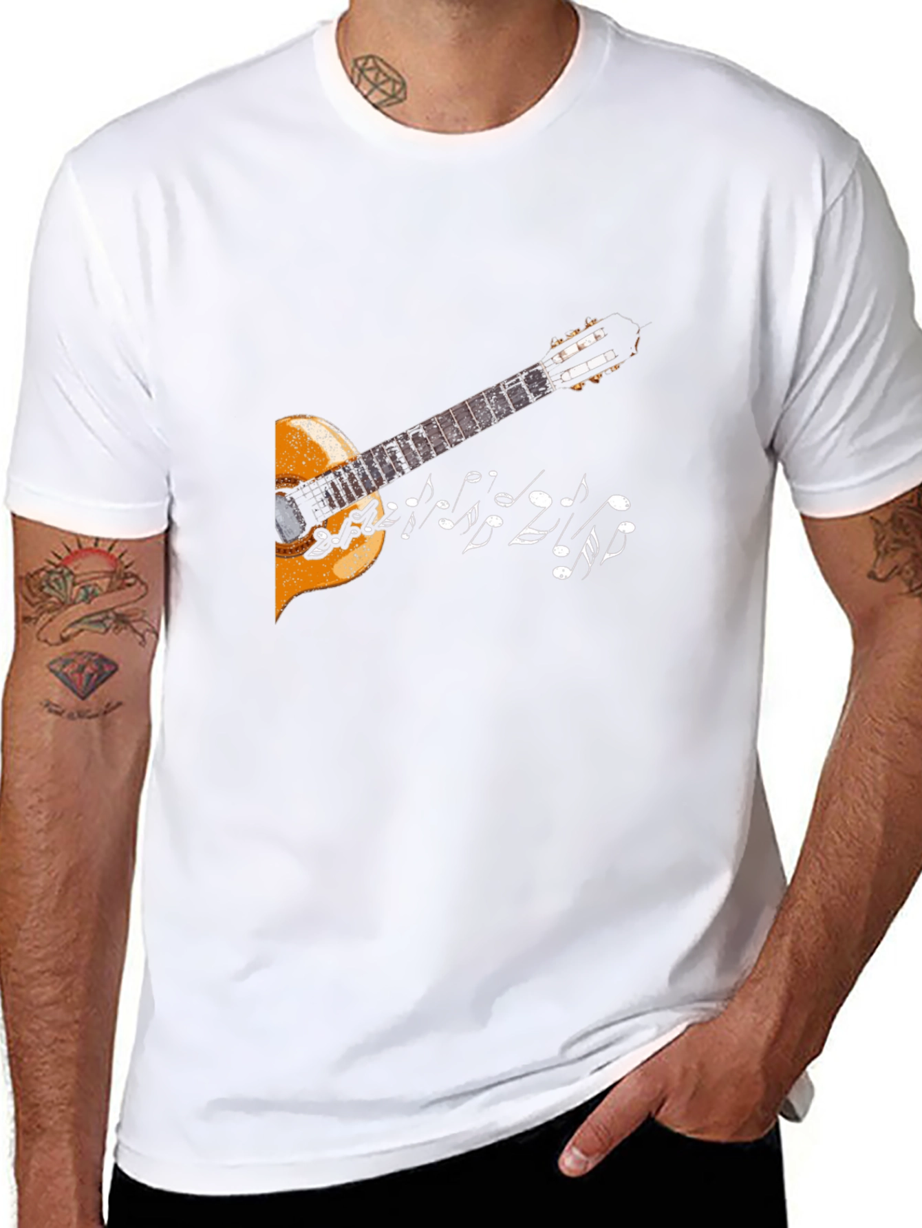 Camiseta Negra con Diseño de Guitarra y Notas Musicales