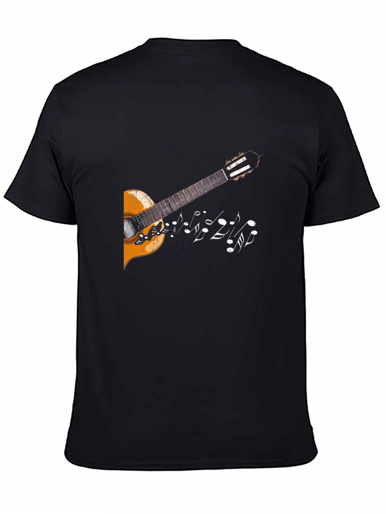 Camiseta Negra con Diseño de Guitarra y Notas Musicales