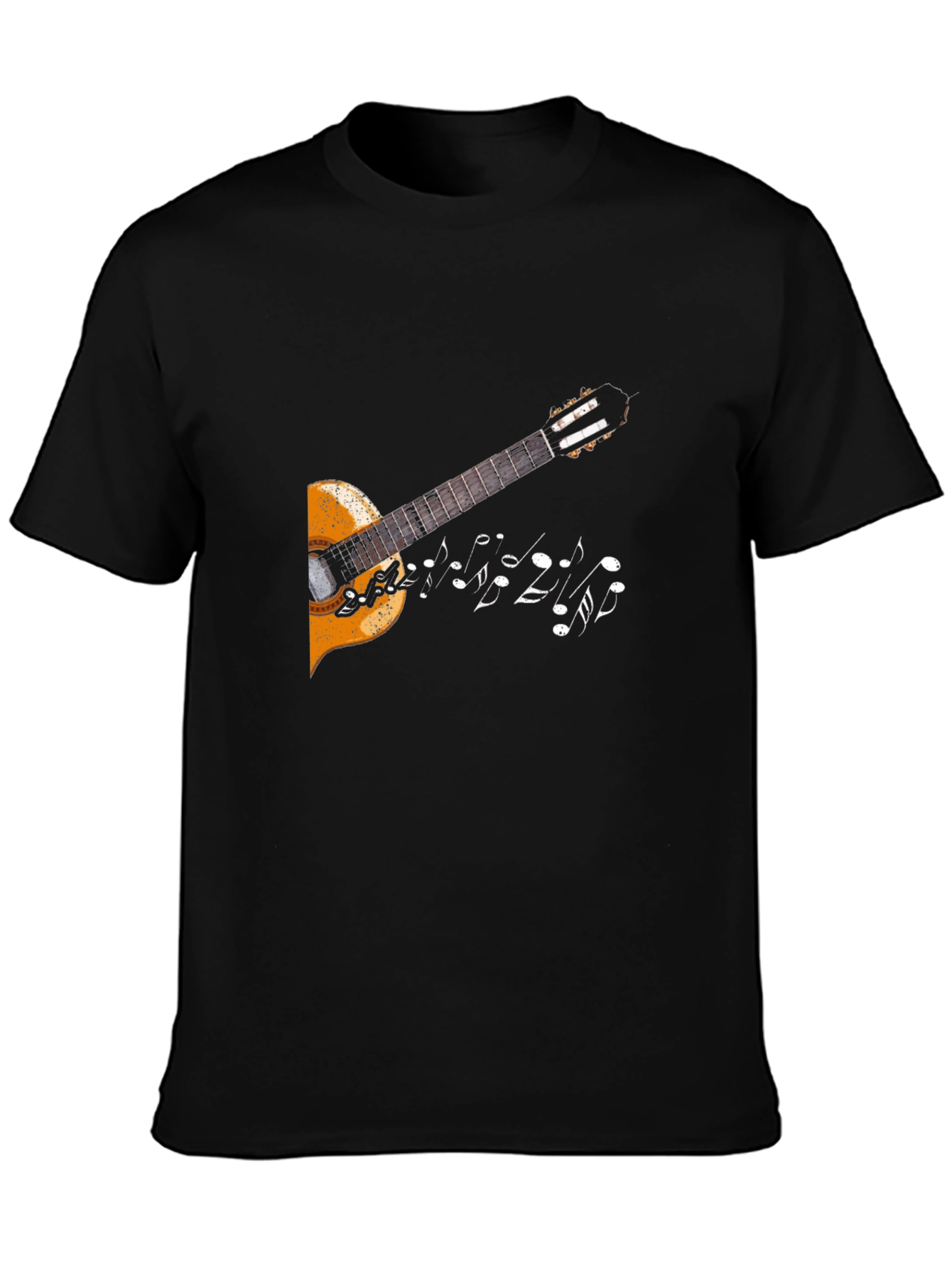 Camiseta Negra con Diseño de Guitarra y Notas Musicales