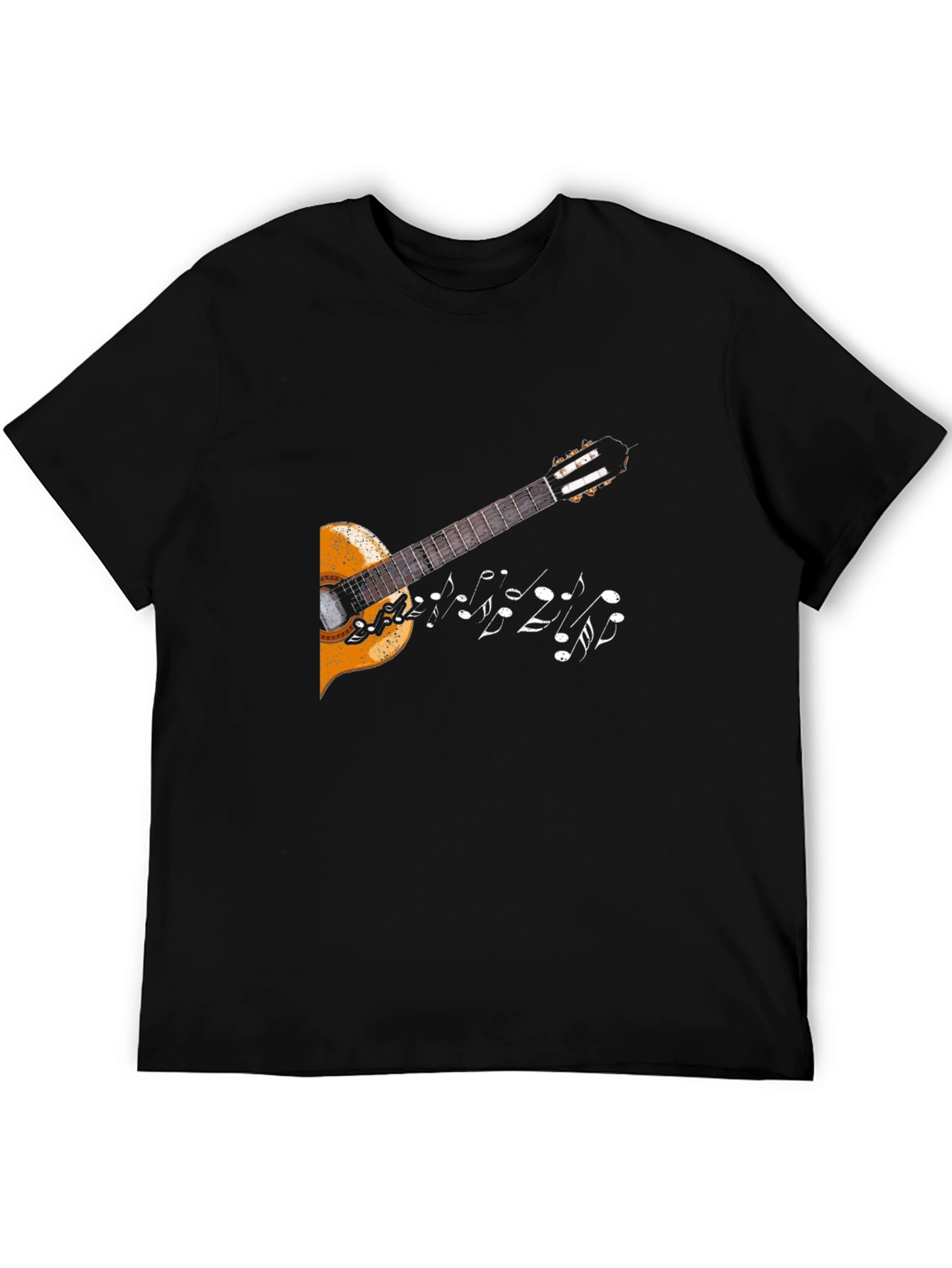 Camiseta Negra con Diseño de Guitarra y Notas Musicales