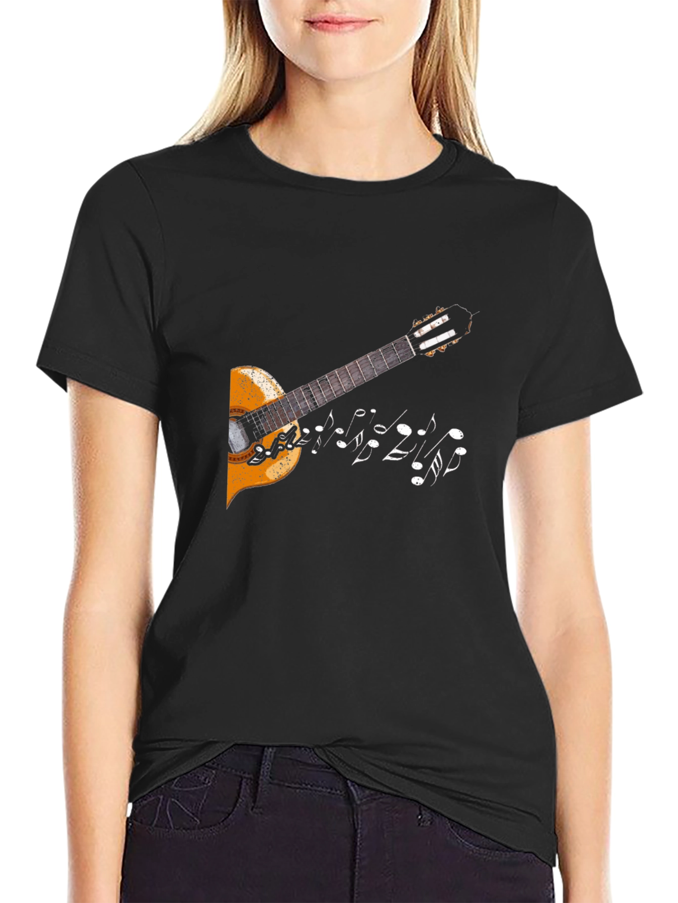 Camiseta Negra con Diseño de Guitarra y Notas Musicales