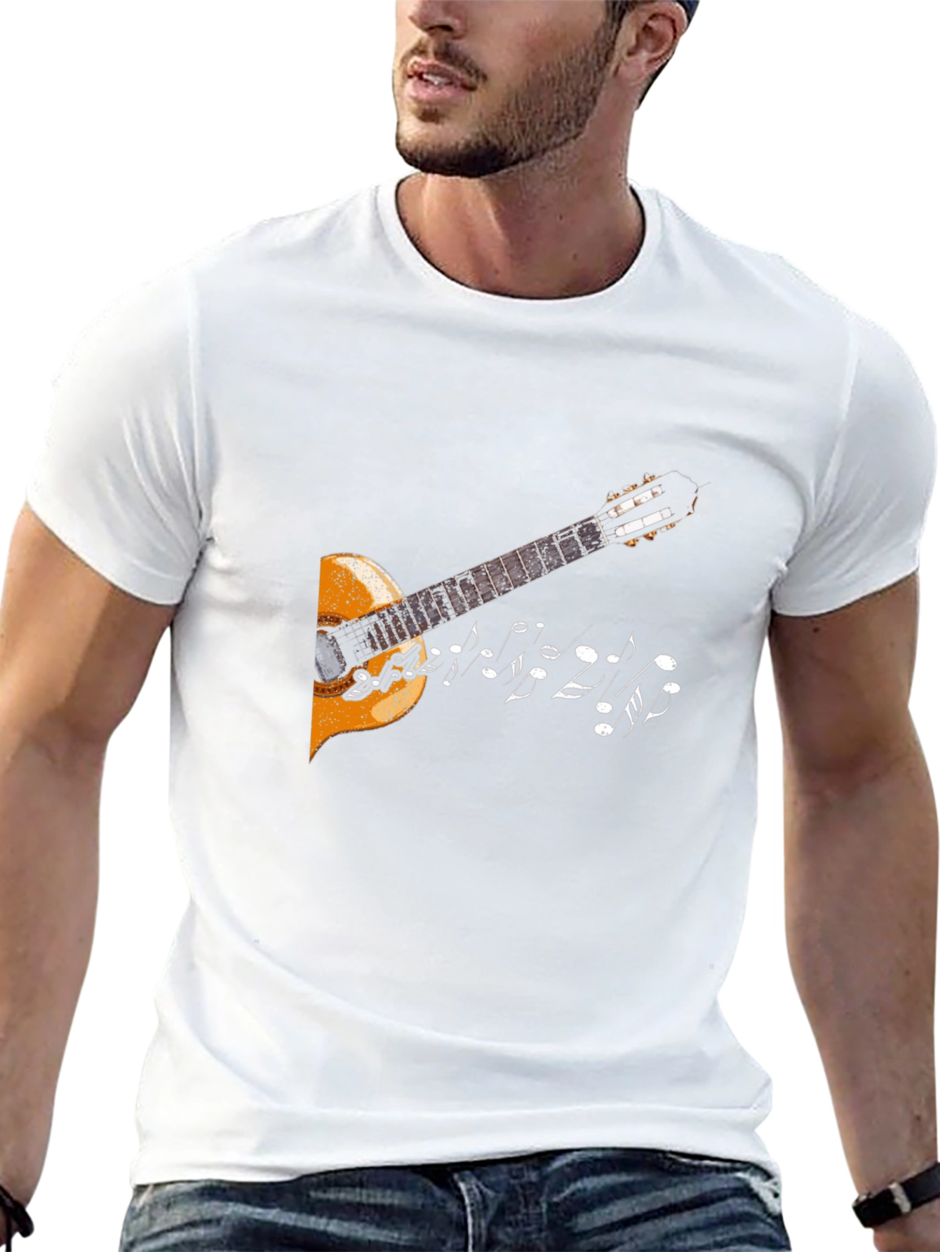 Camiseta Negra con Diseño de Guitarra y Notas Musicales