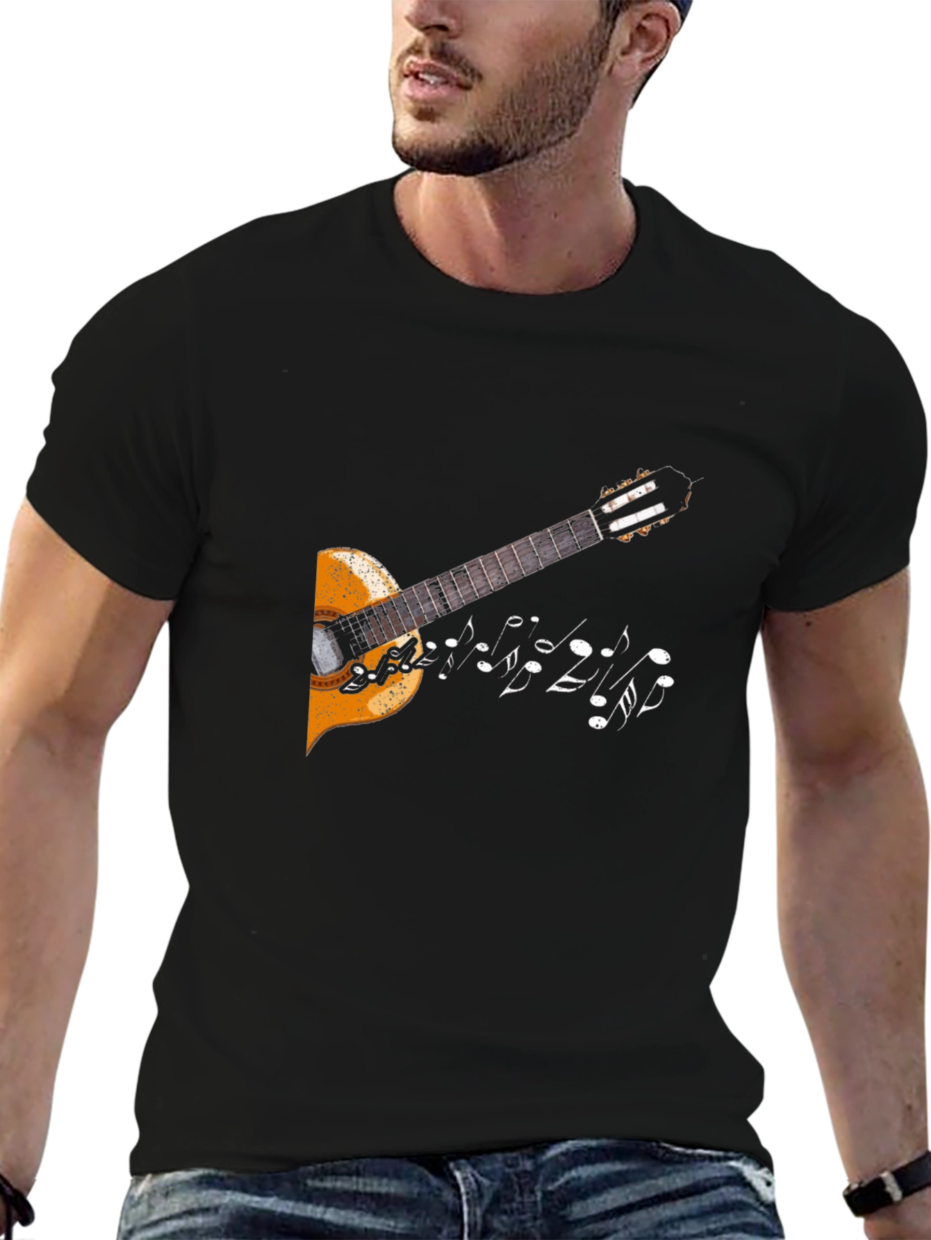 Camiseta Negra con Diseño de Guitarra y Notas Musicales