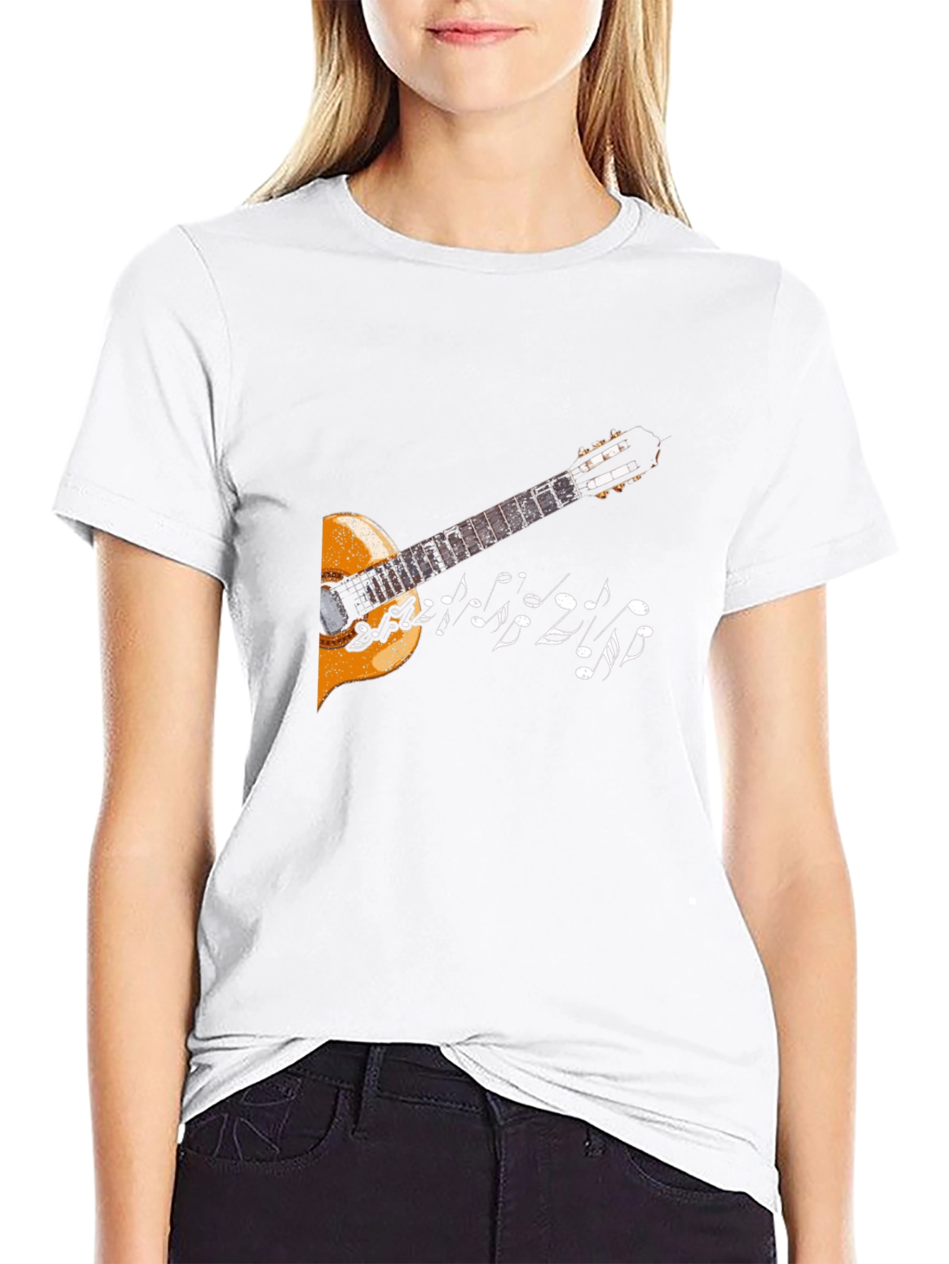 Camiseta Negra con Diseño de Guitarra y Notas Musicales