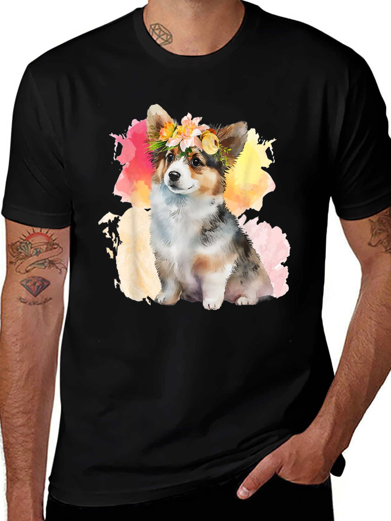 Camiseta Negra con Corgi Floral
