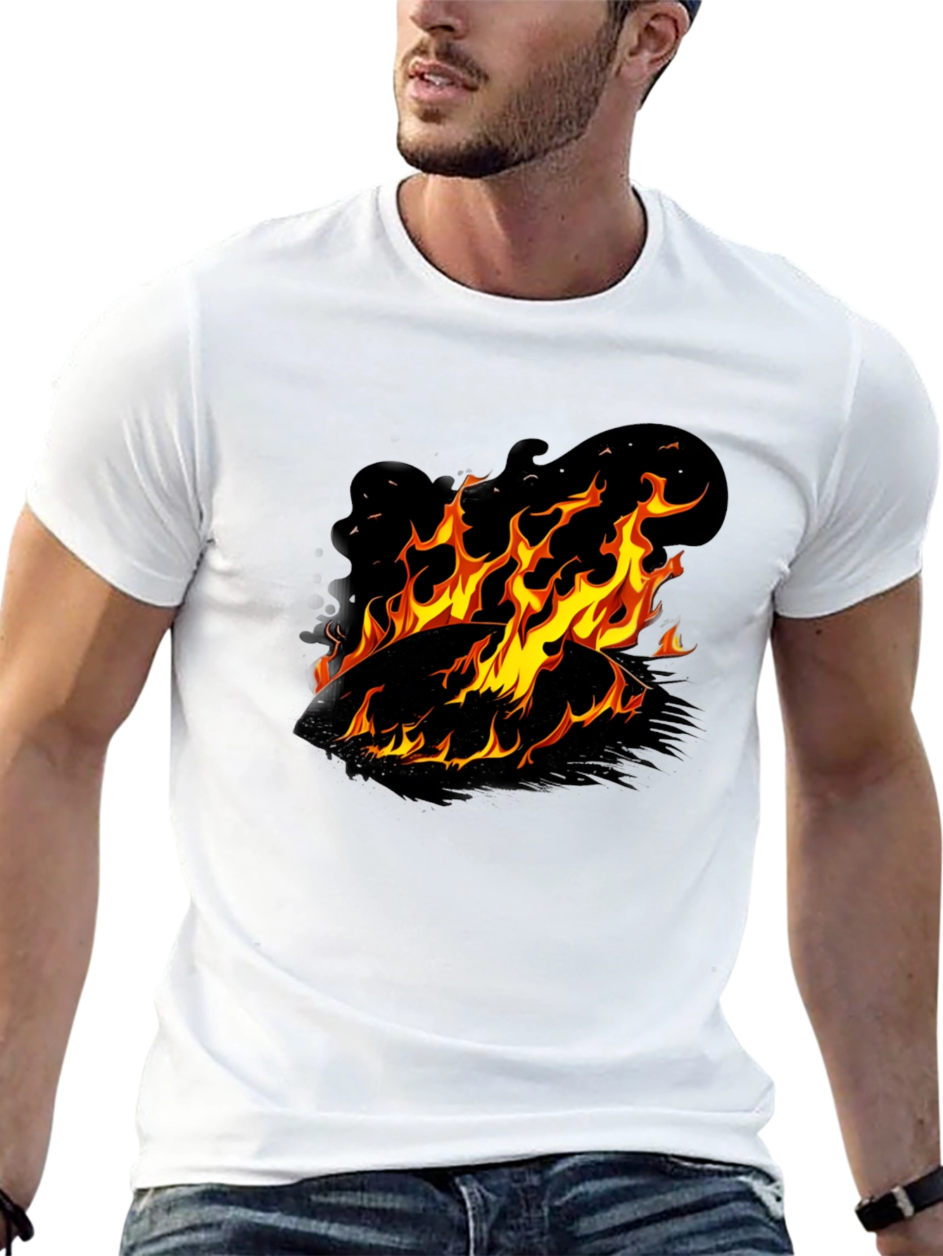 Camiseta Negra con Diseño de Fuego Ardiente