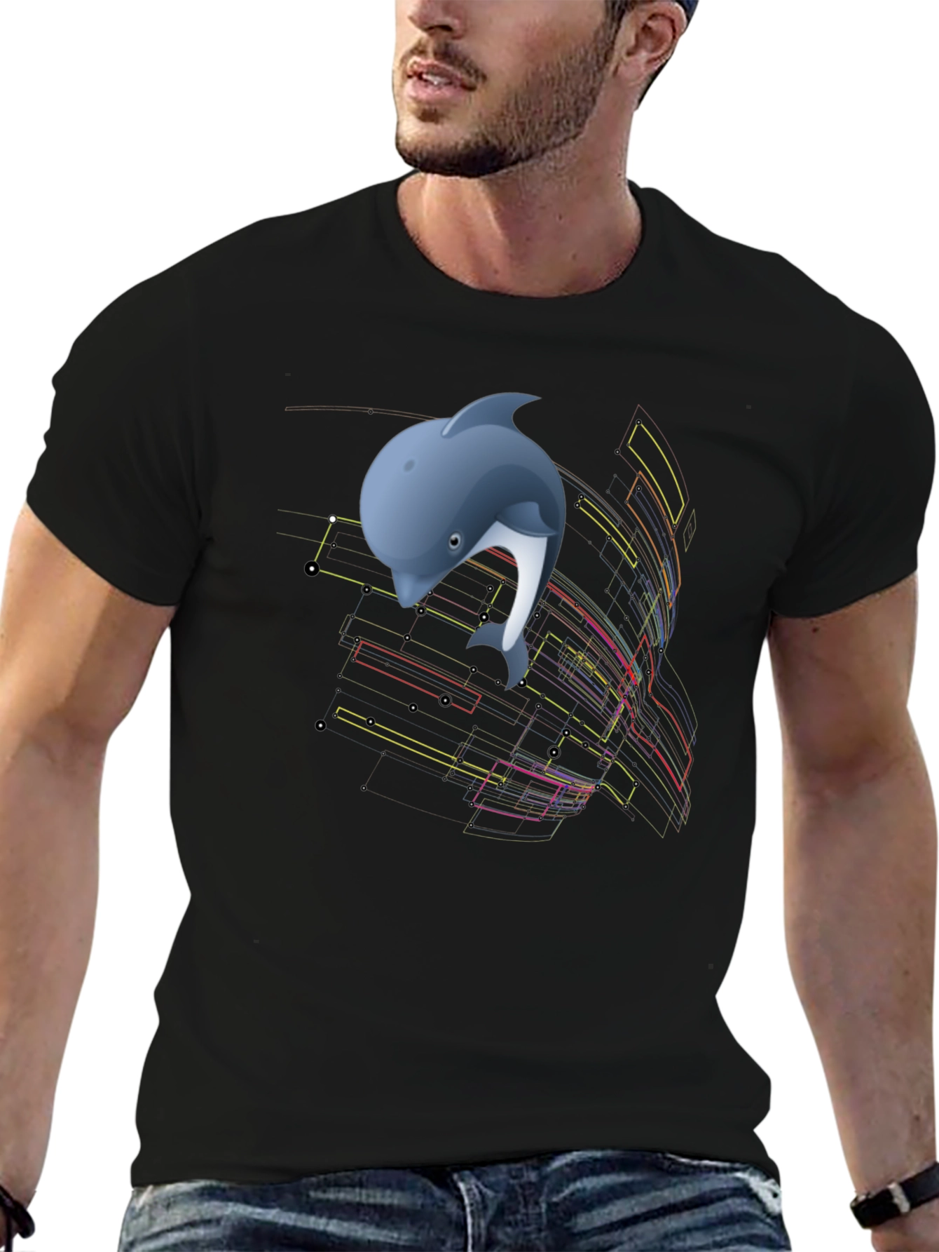 Camiseta Negra con Diseño de Delfín Abstracto