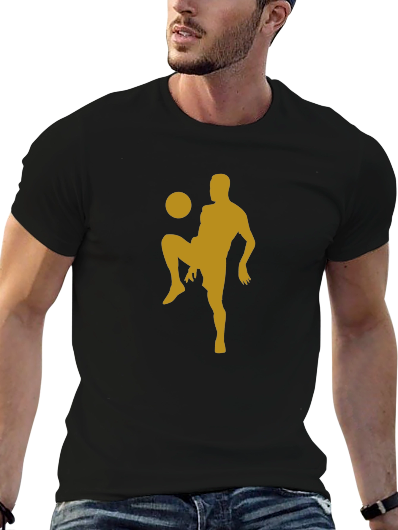 Camiseta Hombre Negra con Diseño Fútbol Dorado