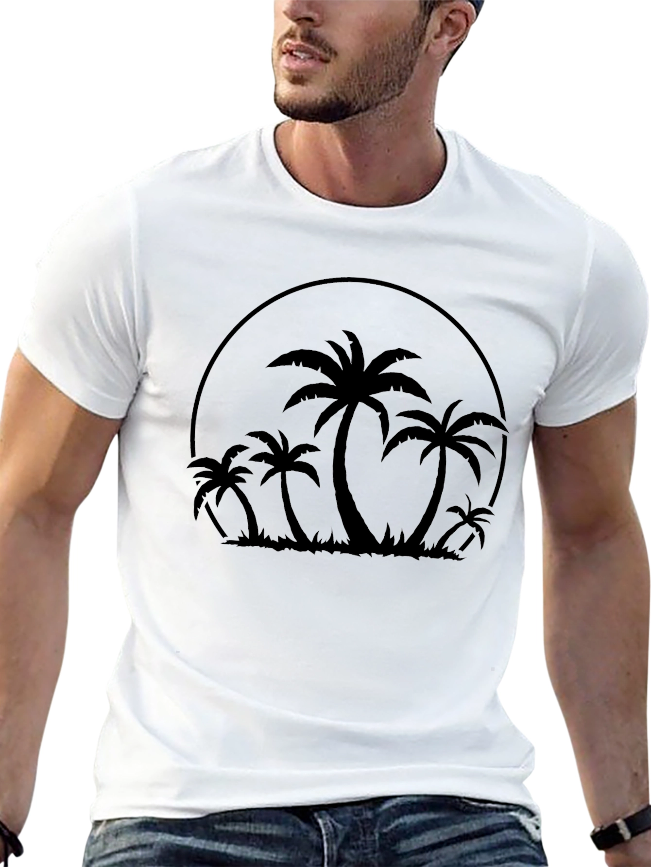Camiseta Negra con Diseño de Palmeras Tropicales