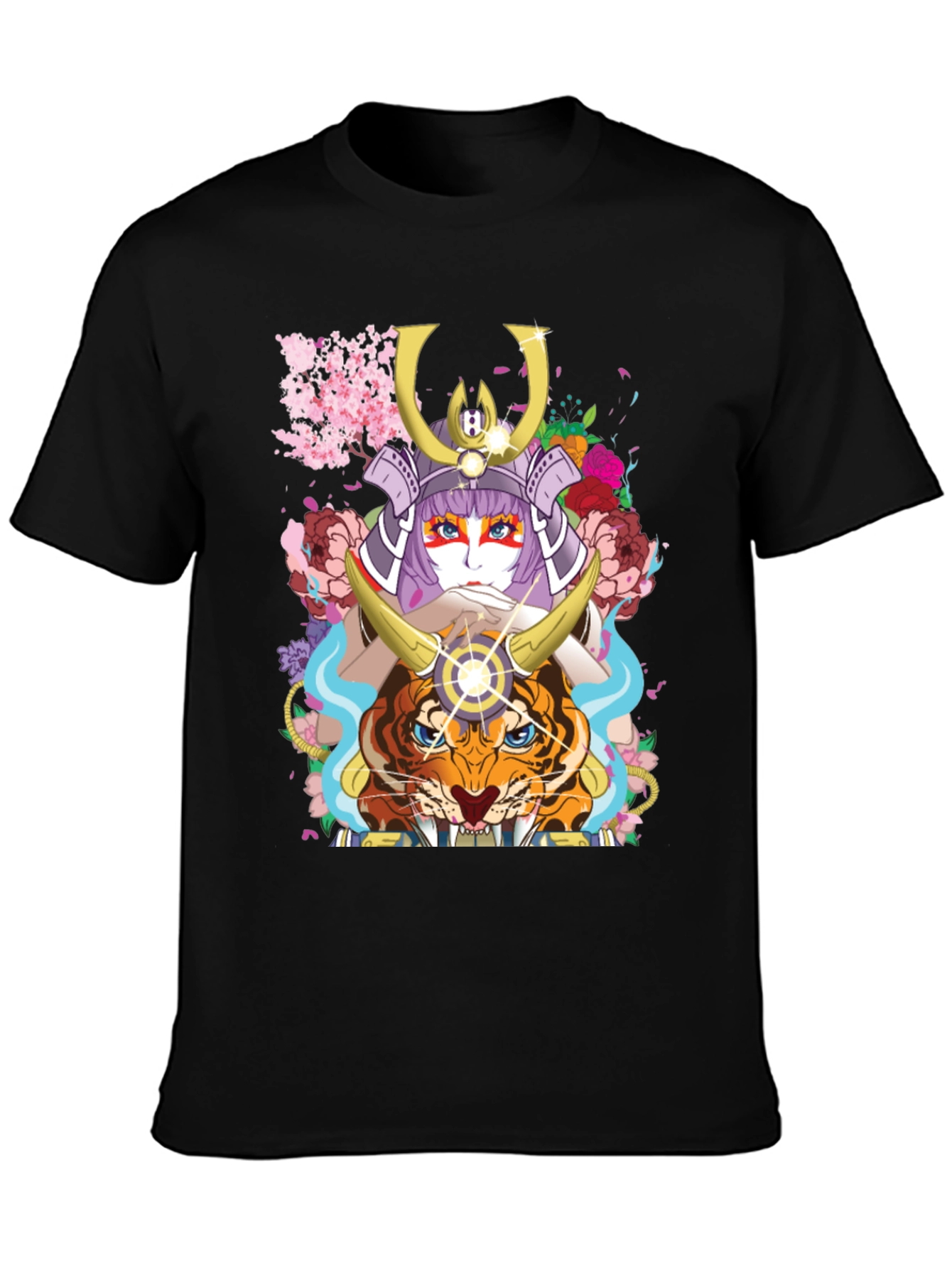 Camiseta Negra con Diseño de Samurai y Tigre